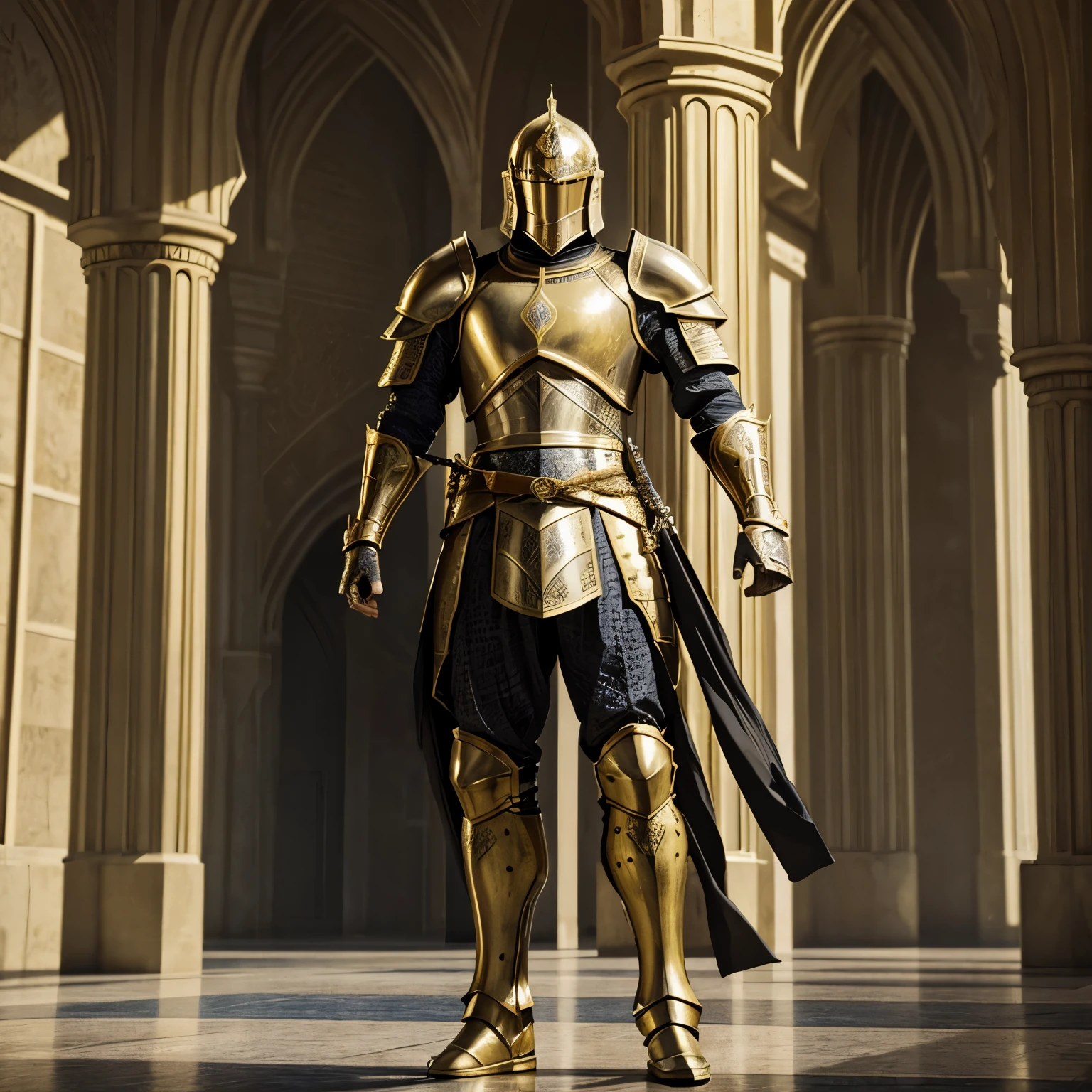  Modern Heavily armored knight, masterpiece, medieval, detailed armor, fantastic armor, golden armor, in a mosque, amazing and unique sword in his hand, full body, solo, 