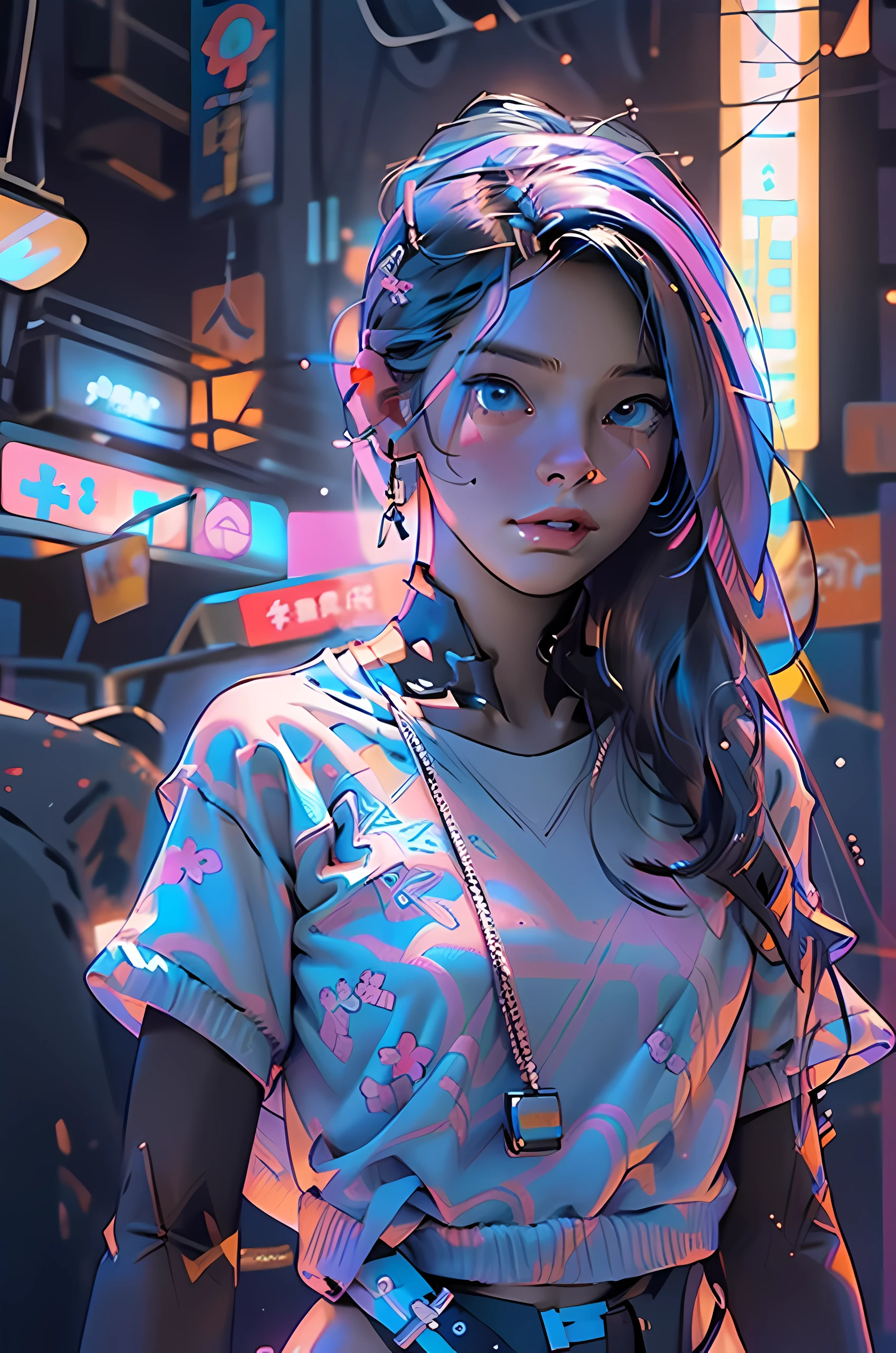 (Best quality, A high resolution), (ultra detail), (1. Michelle), (1 beautiful girl), (underwear, with medium straight hair, bottomwear, in a white miniskirt with pleats and ears, blue sweatshirt , on a naked body).(written on the chest ' Future funk'). (amidst a vibrant futuristic cityscape, illuminated by neon lights). (More than 8K.motor surreal:1.4,HD,La Best quality:1.4, Photorealistic:1.4, skin texture:1.4, masterpiece:1.8,masterpiece, Best quality, Объект Object).(detailed facial features:1.3) ,(Correct proportions),(Beautiful blue eyes:1.4), (Cowboy pose), (more details:1.4), ,(Cyberpunk 2.1), (kawaii style: 1.4); , (ice element:1.4),(White underwear:V2.1)