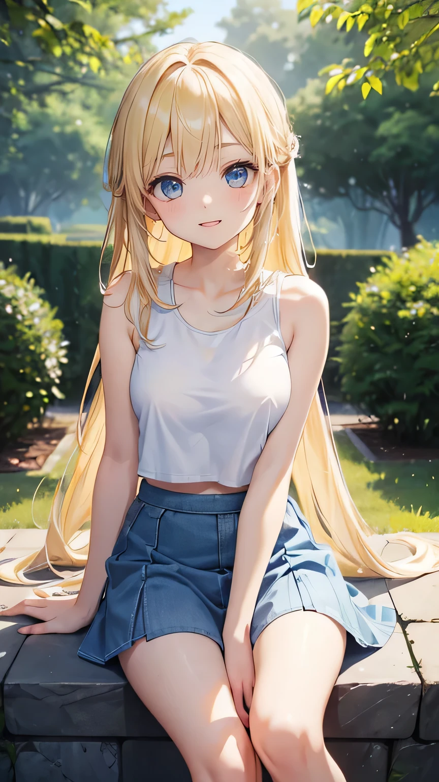 very cute girl、()、light yellow hair、long straight hair、Bangs are too close to the eye、Light Blue Eye、(Normal human ear)、thin arms、Beautiful body、slim legs、large, well-shaped breasts,、clear white skin、smile、(Open-chested tank top、mini skirt、White and blue)、Rose Garden、Super high quality、digital single lens reflex、sit on top