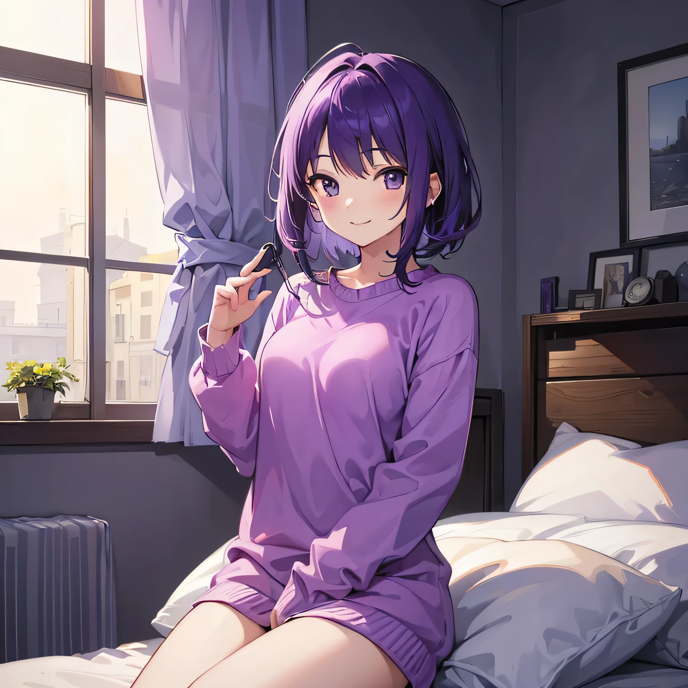 (T Masterpiece,4k wallpaper,best quality))、((girl1people))、(solo)、Shining and vivid,(purple hair)、(shortcut:1.3)、smile、Bedroom、sweater、morning