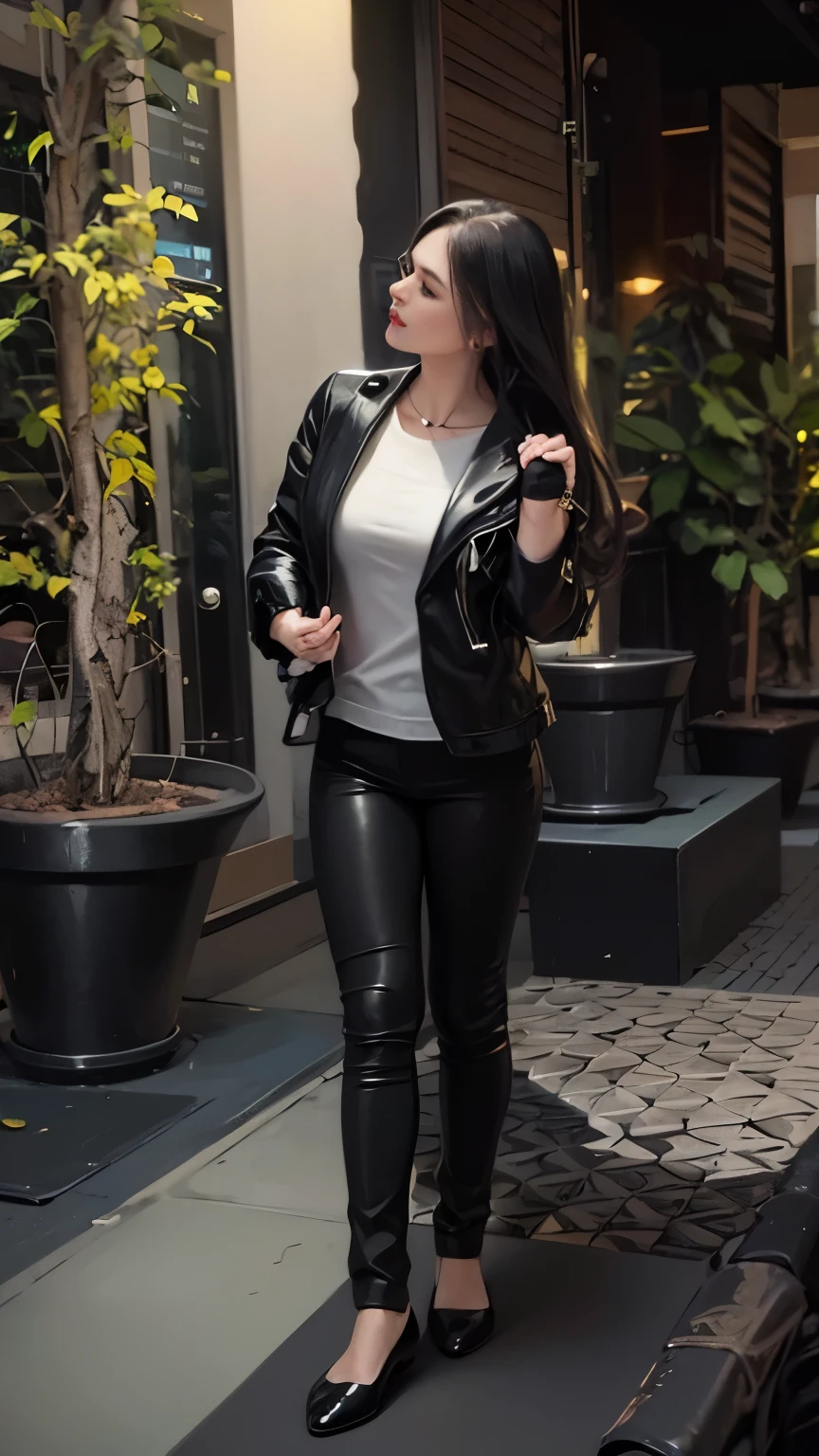 (skindentation:1.5), Realistic, Photorealistic, (masterpiece:1.5), concept art, intricate details, highly detailed, photorealistic, octane render, 8k, unreal engine, dynamic pose, best quality, highres, (realistic face:1.1), (hyperrealistic:1.1), ((full_body)), perfect eyes,(shiny skin:1.2), (((hairstyle))), (((perfect hands))), (extremely detailed background), ((dynamic background)), ((lightning)), (light rays), ((1girl)), wearing black leather jacket, black leather long pants, black t-shirt, black boots, (((flowing jacket))), ((detailed eyes, high quality eyes, high quality face)), (extremely intricate jacket), long black hair, ((dramatic)), epic, city, depth of field, bokeh, 4k, ((riding motorcycle))