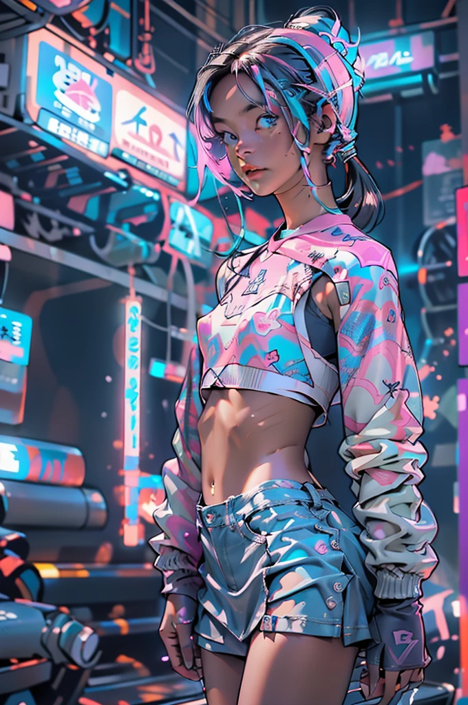 (Best quality, A high resolution), (ultra detail), (1. Baby Michelle), (1 beautiful girl), (underwear, with medium straight hair, bottomwear, in a white miniskirt with pleats and ears, blue sweatshirt , on a naked body).(written on the chest ' Future funk'). (amidst a vibrant futuristic cityscape, illuminated by neon lights). (More than 8K.motor surreal:1.4,HD,La Best quality:1.4, Photorealistic:1.4, skin texture:1.4, masterpiece:1.8,masterpiece, Best quality, Объект Object).(detailed facial features:1.3) ,(Correct proportions),(Beautiful blue eyes:1.4), (Cowboy pose), (more details:1.4), ,(Cyberpunk 2.1), (kawaii style: 1.4); , (ice element:1.4),(White underwear:V2.1)