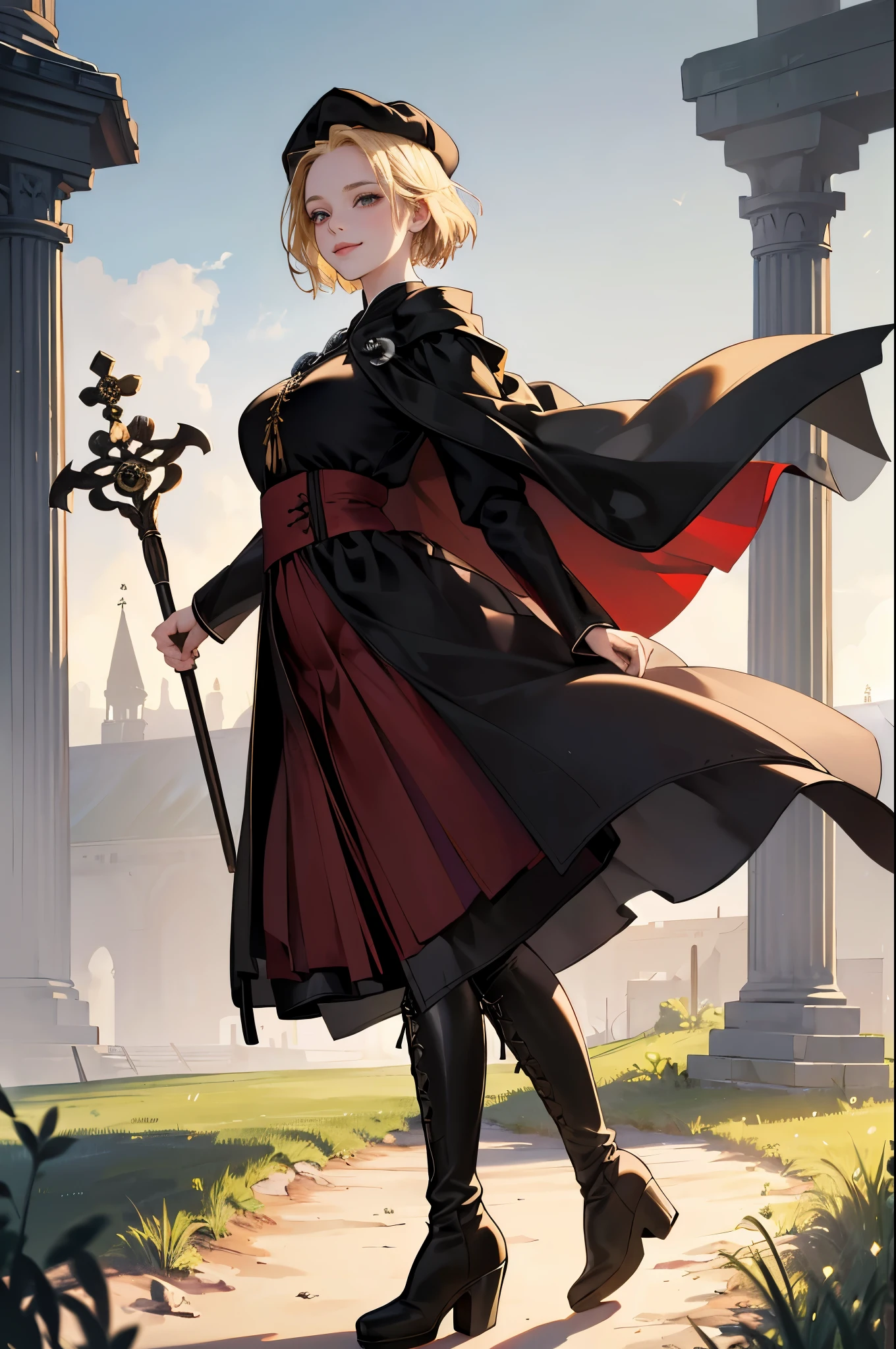 masterpiece, ultra detailed, 8k portrait, RAW photo, portrait photography, highly detailed face, beautiful and meticulous eyes, ((Fantasy)), Young beautiful, dynamic pose, kind face, smile, (((Blonde very short hair, forehead))), ((Priest)), armpit, wood necklace, clergy hat, (((black long cloak))) fluttering in the wind, (((dark dull red oversized Priest robe))), (((long skirt)), (((low boots))), ((holding long wood staff)), big shoulder bag, Midday Sun, hyper realistic, Body model, mid breasts, Beautiful breasts, Long legs, in the crowd, Ambient lighting, Shadow details , Camera focus on face, strong breeze, Light fog