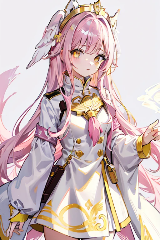 Pink and white long hair，Pink and white feathers，Deep yellow eyes，Decorated with vibrant gold，White and yellow soft clothing，She&#39;s a cute and kind girl