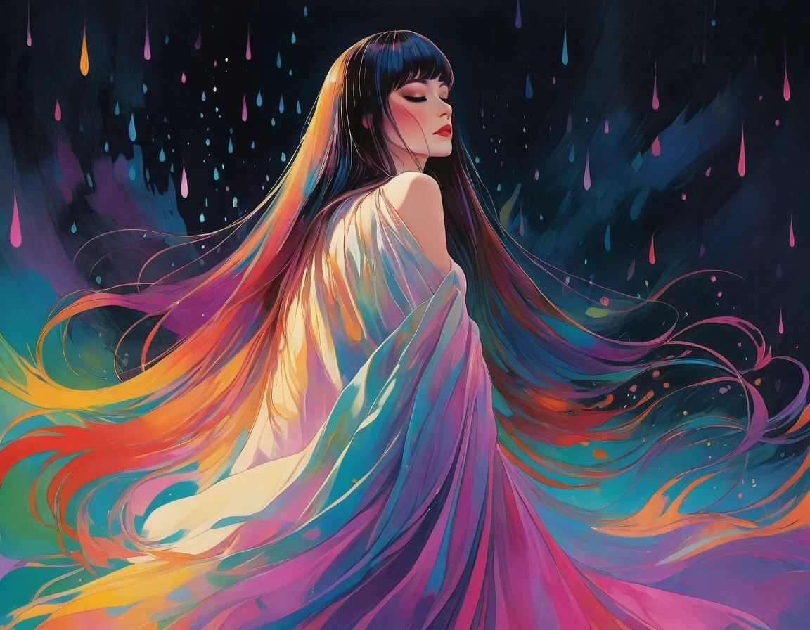 chiaroscuro technique on sensual illustration of an elegant queen (((long hair with bangs:1.4、Beautiful bangs) , vintage ,silky dress, matte painting, by John Singer Sargent, by Harumi Hironaka, abstract background, (upper body:1.5), Rainbow rain, highly detailed, digital artwork, high contrast, dramatic, refined, tonal, an intimate, seductive studio setting with a focus on sensuality and romance. Utilize soft, warm lighting that bathes the space in a gentle, inviting glow. Incorporate luxurious fabrics, plush furnishings, and a touch of decadence to evoke an opulent ambiance. The scene should exude an air of serenity and anticipation, inviting the viewer into a sensual and romantic space
