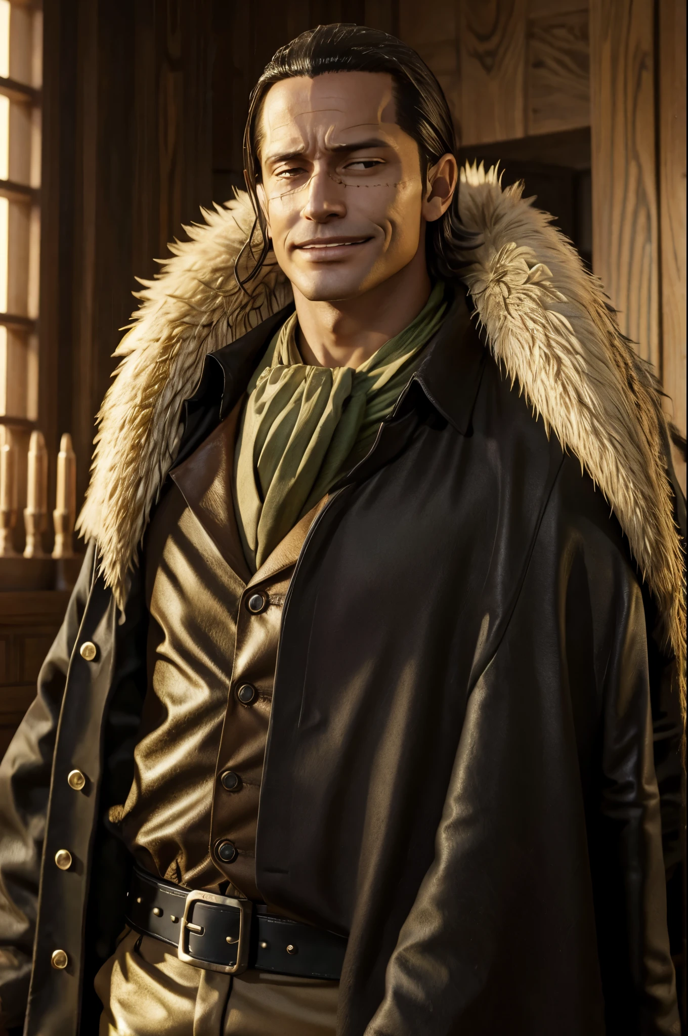 masterpiece, best quality, extremely detailed, hyperrealistic, photorealistic, a cool 40s man, ultra detailed face:1.2, fur-trimmed coat, scarf around the neck, his left hand is a golden pirate hook:1.1, japanese style room:1.3, sly smile