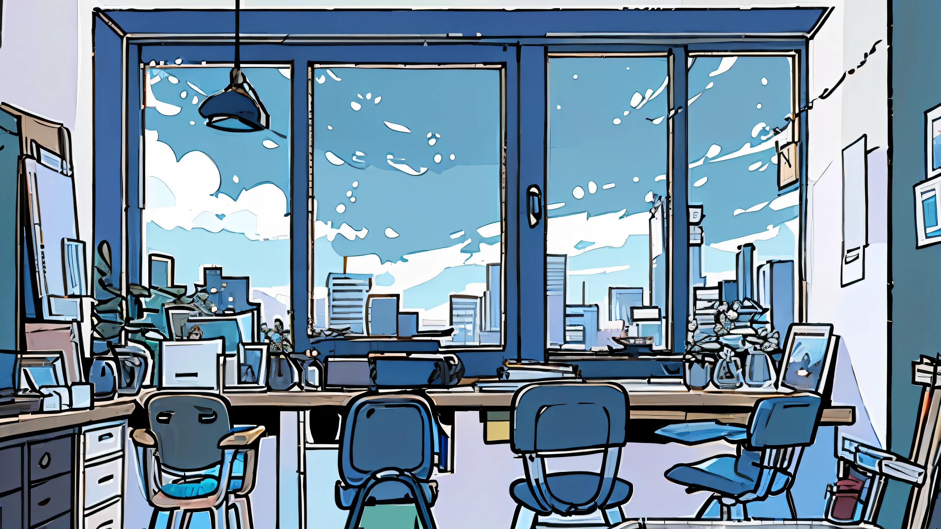 Classrooms with neat desks and chairs，（Look from the bottom up），There are blue skies and white clouds outside the window and buildings in the distance，（The sky outside the window occupies the top half of the picture（1：1））Sunlight is projected through the windows，1boy sat at his desk and propped his cheeks in thought，ultra - detailed，Anime comic style
