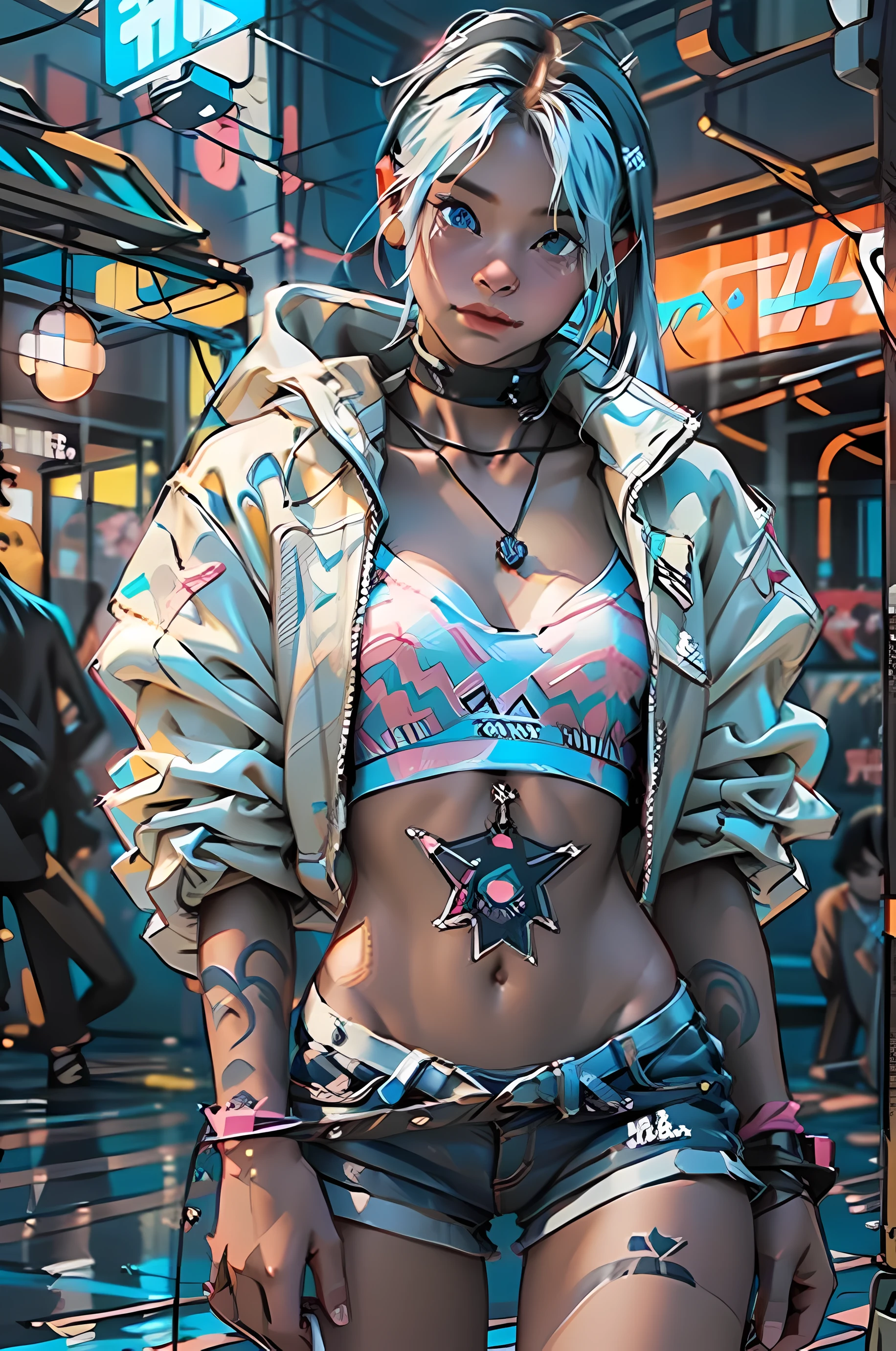(Best quality, A high resolution), (ultra detail), (1. Michelle), (1 beautiful girl), (underwear, with medium straight hair, bottomwear, in a white miniskirt with pleats and ears, blue sweatshirt , on a naked body).(written on the chest ' Future funk'). (amidst a vibrant futuristic cityscape, illuminated by neon lights). (More than 8K.motor surreal:1.4,HD,La Best quality:1.4, Photorealistic:1.4, skin texture:1.4, masterpiece:1.8,masterpiece, Best quality, Объект Object).(detailed facial features:1.3) ,(Correct proportions),(Beautiful blue eyes:1.4), (Cowboy pose), (more details:1.4), ,(Cyberpunk 2.1), (kawaii style: 1.4); , (ice element:1.4),(White underwear:V2.1)