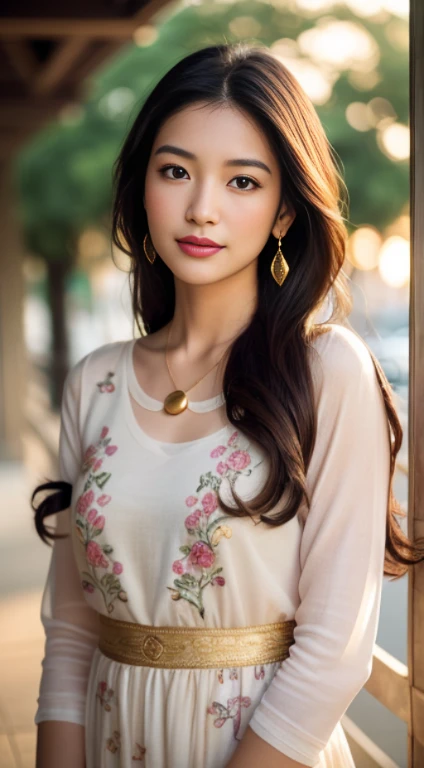 Portrait photo, 1 beautiful Asian girl, pink shirt, intricately embroidered shirt, sky blue dress, pure dress color, long hair, wearing jewelry, natural makeup, wearing modern jewelry, makeup gold and gem jewelry, extremely detailed eyes and face, lovely smile, delicate blush, sensuous lips, fragrant lipstick, exuding femininity, perfect skin, flawless skin texture perfect, intricate facial details, shiny metallic skin, feminine presence; blurred city backdrop, soft lighting, vivid colors, soft sunlight, subtle sunlight, wind blowing through hair, dreamy, luxurious atmosphere, perfect lighting. Super high quality, surreal, 8K, high resolution, masterpiece, detailed, extremely magical, professional cinematic lighting, black and golden beam, vibrant colors; fine brushstrokes,ethereal vibe,mesmerizing gaze,dreamy atmosphere,blending of nature and elegance,golden hour lighting,serenity and tranquility,romantic ambiance,subtle color gradients,detailed floral patterns,understated beauty.