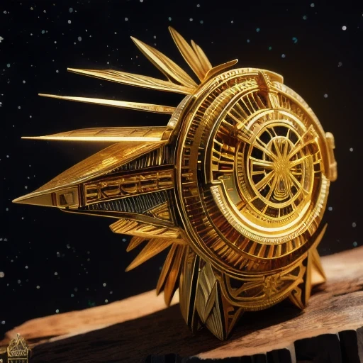 Brilliant Gold Wire Diamond Mayan Star, Coarse Linen Cloak Mummy Head Set Platinum Wire Cyberpunk Light Crossbow Space Station 1:260 Miniature Model, Illustration, Side View Angle, (Side View Angle), Wearing Gold Wire Frame Reflective Sunglasses, Carrying Future Weapons, Very Happy, Side View Angle, Full Body, 3D, (Nautilus) Octane Number Rendering, Perfect Appearance, Collagen Texture