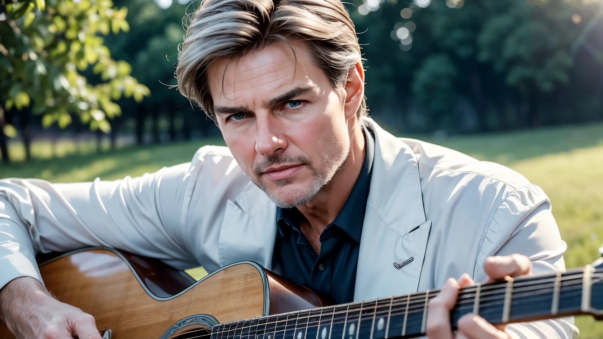 ((best quality)), ((masterpiece)),(detail), perfect face, medium shot of Tom Cruise with white hair and white beard playing guitar in the countryside, wearing classic formal clothes, romantic style , retro vintage and romanticism, bokeh background, hyper-realistic photos, 8k , ultra high resolution, sharp faces