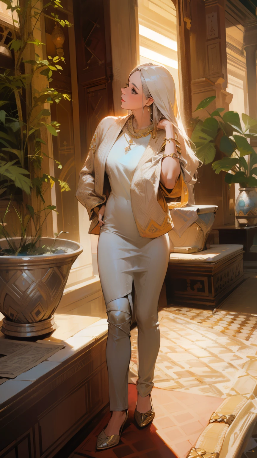 Mature woman face super detailed hyper realistic masterpiece wears a full caftan outfit sitting in a large throne legendary Moroccan environment