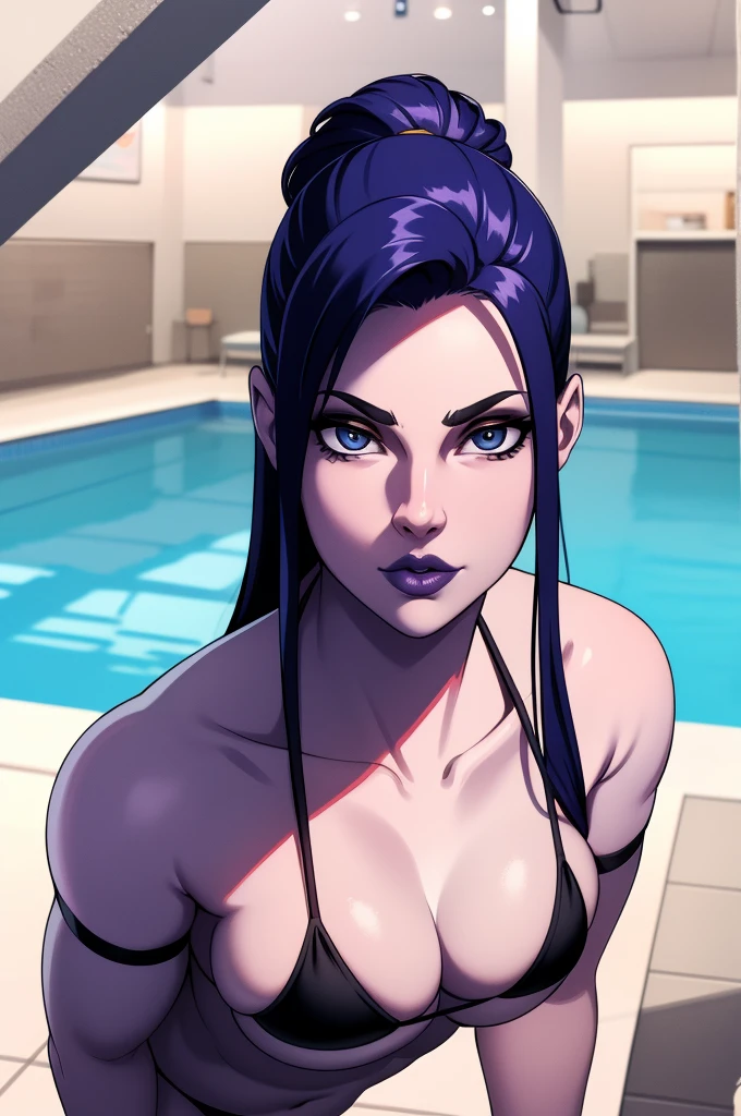 widowmaker, 1 chica, (((bimbo))), cara perfecta, Ojos perfectos, mirando al espectador, cola de caballo, labios hinchados, labios gruesos, Caderas anchas, muslos gruesos, ansia de lujuria cara, enormes pechos naturales, escote, madre madura, cara perfecta, al aire libre, (Microbikini blanco), Sentado junto a la piscina, gargantilla negra, MILF, mujer madura, cabello muy largo, ojos amarillos, cola de caballo, cabello purpura, Labios partidos, Piel coloreada, correa, piel azul, piel morada, labios morados, cerraduras laterales, tiro de vaquero, violet skin