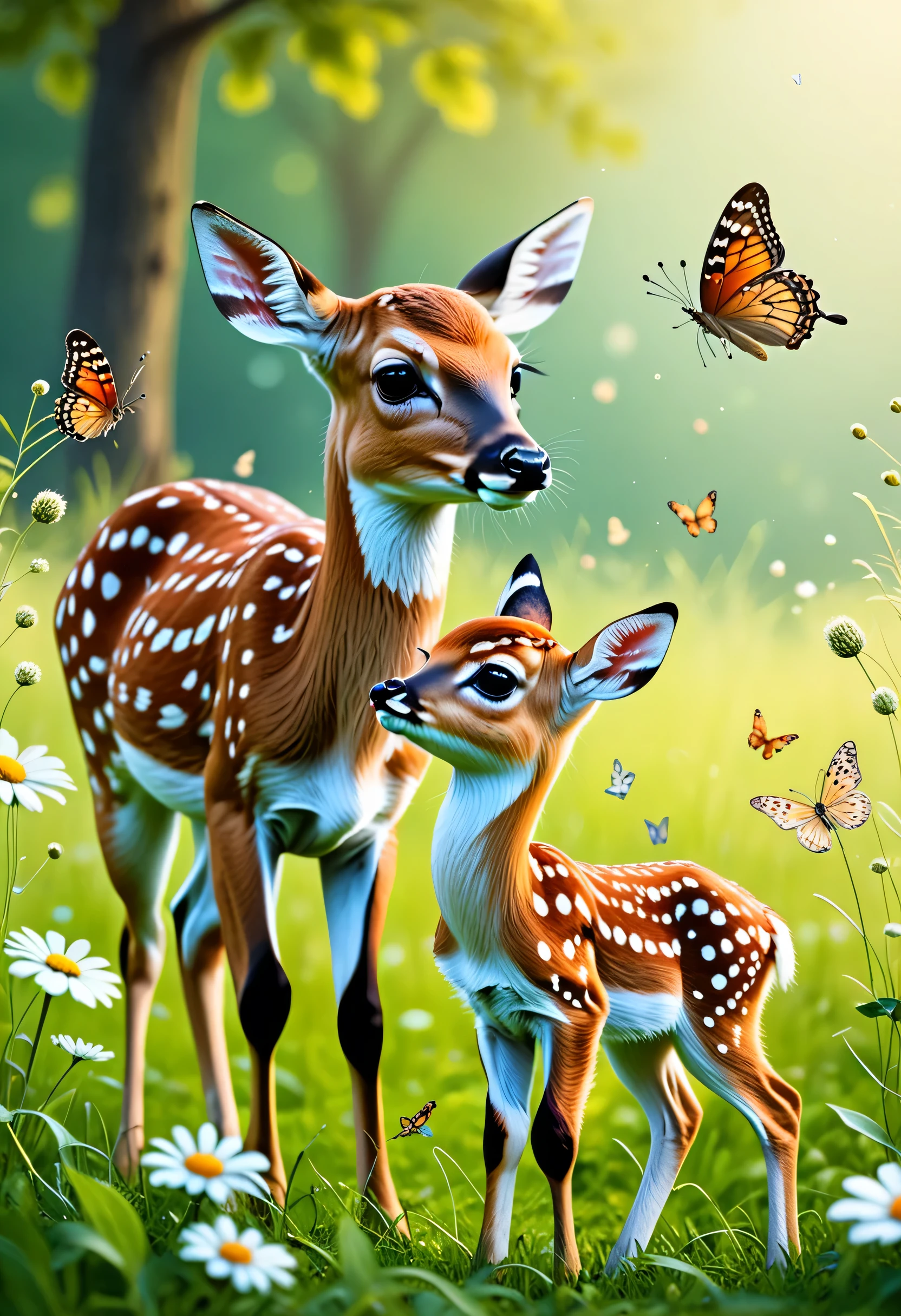 a little fawn with his mother on the grass, butterflies flying, delicate tones, high quality, 32k, filigree