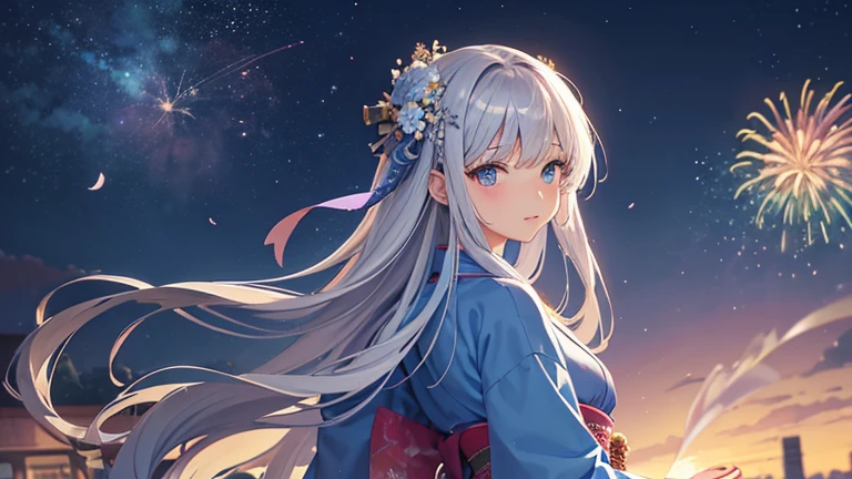 20old woman, Very delicate and beautiful eyes, silver hair, long hair, bangs, flower hair ornament、very detailed, cg, movie lighting, detailed background,perfect hands, perfect anatomy、 (beautiful beautiful:1.2)、Light blue colorful day々Wearing a grass kimono、night、night空にはたくさんの花火が打ち上げられます、colorful fireworks、Looking up at the fireworks、Landscape painting、fantastic scenery、Rear view