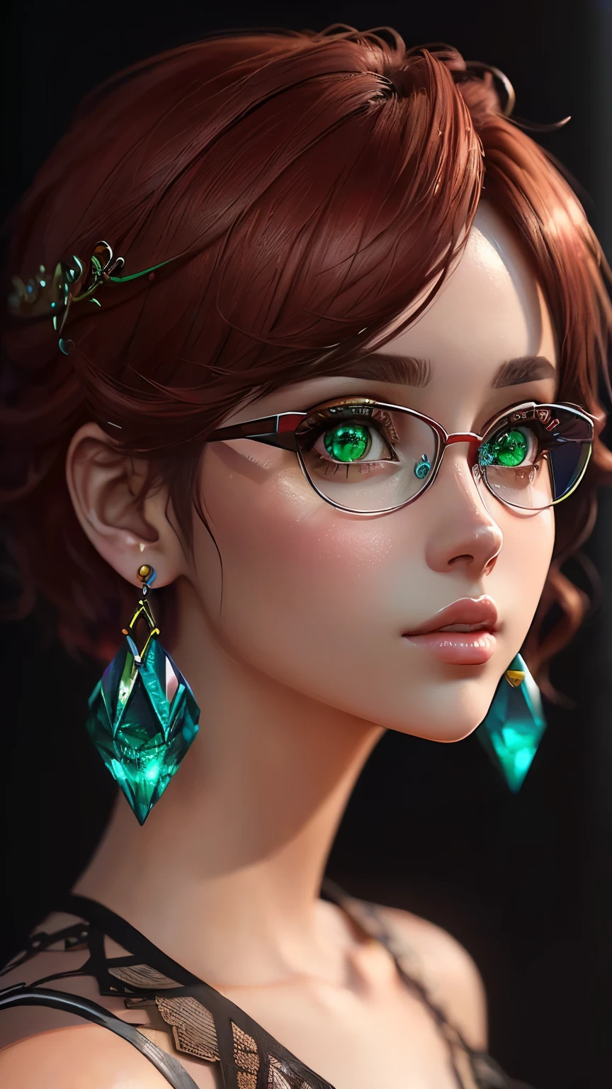 ((top quality)), ((masterpiece)), ((realistic)), (details),and souls、anime style、 (1 woman）Earrings Only Accessories、Close-up portrait of a woman with short, red hair、beautiful, Shining, green eyes, metal frame glasses, Like crystal clear glasothers、Summer clothes、4K High Definition Digital Art、stunning digital illustration、Stunning 8K images、colorful digital fantasy art、colorful and bright、Beautiful digital artwork、Colorful digital anime art、a portrait of a beautiful woman、Цифровые обои 8K HD、 gorgeous digital painting. photorealism. unreal engine. 3d model. Ultra high quality textures. 8k resolution