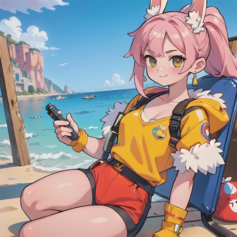 (masterpiece, best quality:1.2), 1girl, ((masterpiece, highest quality, Highest image quality, High resolution, photorealistic, Raw photo, 8K)), Retro Game, Nintendo, SEGA, Namco, Cyberpunk 1:25 miniatures，illustration，Side viewing angle，（（Side viewing angle）），Wear gold wire-rimmed reflective sunglasses，Carry future weapons，very happy，Side viewing angle，whole body，three-dimensional，octane rendering，Perfect face，Collagen texture((flowing hair))（（Gradient long fur rabbit ears））