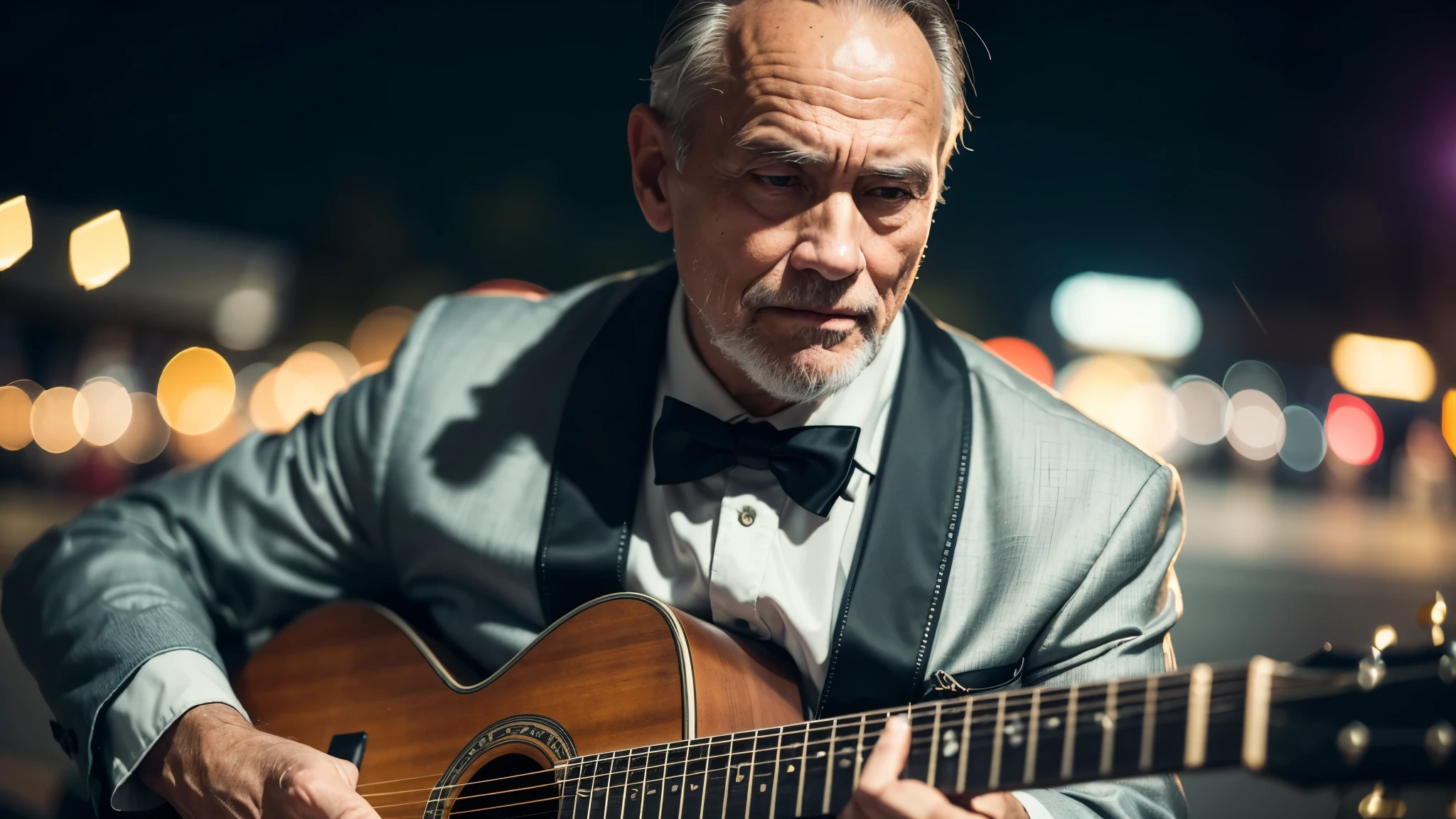 ((best quality)), ((masterpiece)),(detail), perfect face, medium shot of The Rock old man playing guitar in the suburbs at night, wearing classic formal clothes, romantic style, retro vintage and romanticism, bokeh background, hyper-realistic photos, 8k , ultra high resolution, sharp faces
