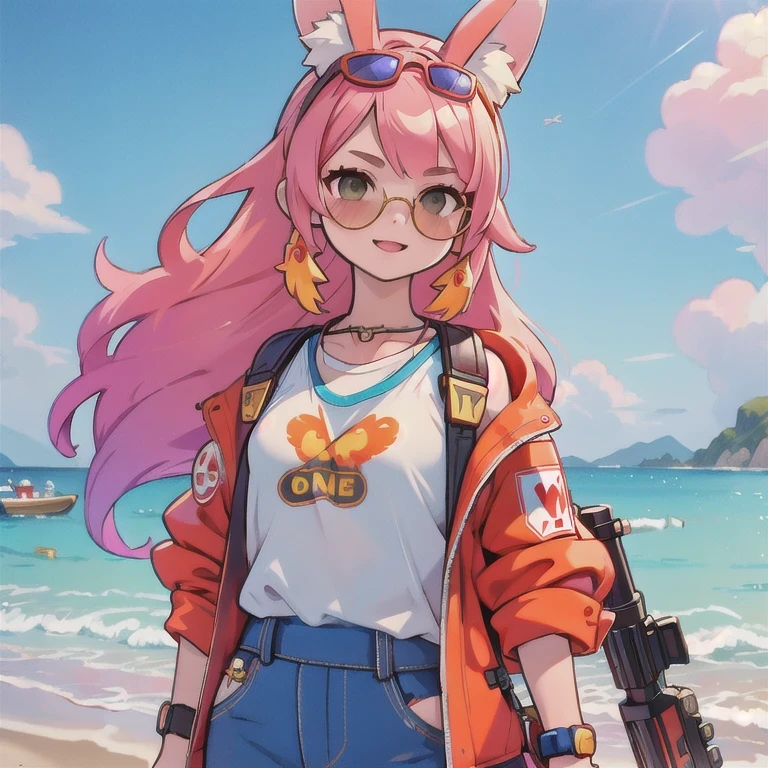 (masterpiece, best quality:1.2), 1girl, ((masterpiece, highest quality, Highest image quality, High resolution, photorealistic, Raw photo, 8K)), Retro Game, Nintendo, SEGA, Namco, Cyberpunk 1:25 miniatures,illustration,Side viewing angle,((Side viewing angle)),Wear gold wire-rimmed reflective sunglasses,Carry future weapons,very happy,Side viewing angle,whole body,three-dimensional,octane rendering,Perfect face,Collagen texture((flowing hair))((Gradient long fur rabbit ears))