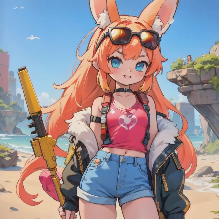 (masterpiece, best quality:1.2), 1girl, ((masterpiece, highest quality, Highest image quality, High resolution, photorealistic, Raw photo, 8K)), Retro Game, Nintendo, SEGA, Namco, Cyberpunk 1:25 miniatures,illustration,Side viewing angle,((Side viewing angle)),Wear gold wire-rimmed reflective sunglasses,Carry future weapons,very happy,Side viewing angle,whole body,three-dimensional,octane rendering,Perfect face,Collagen texture((flowing hair))((Gradient long fur rabbit ears))