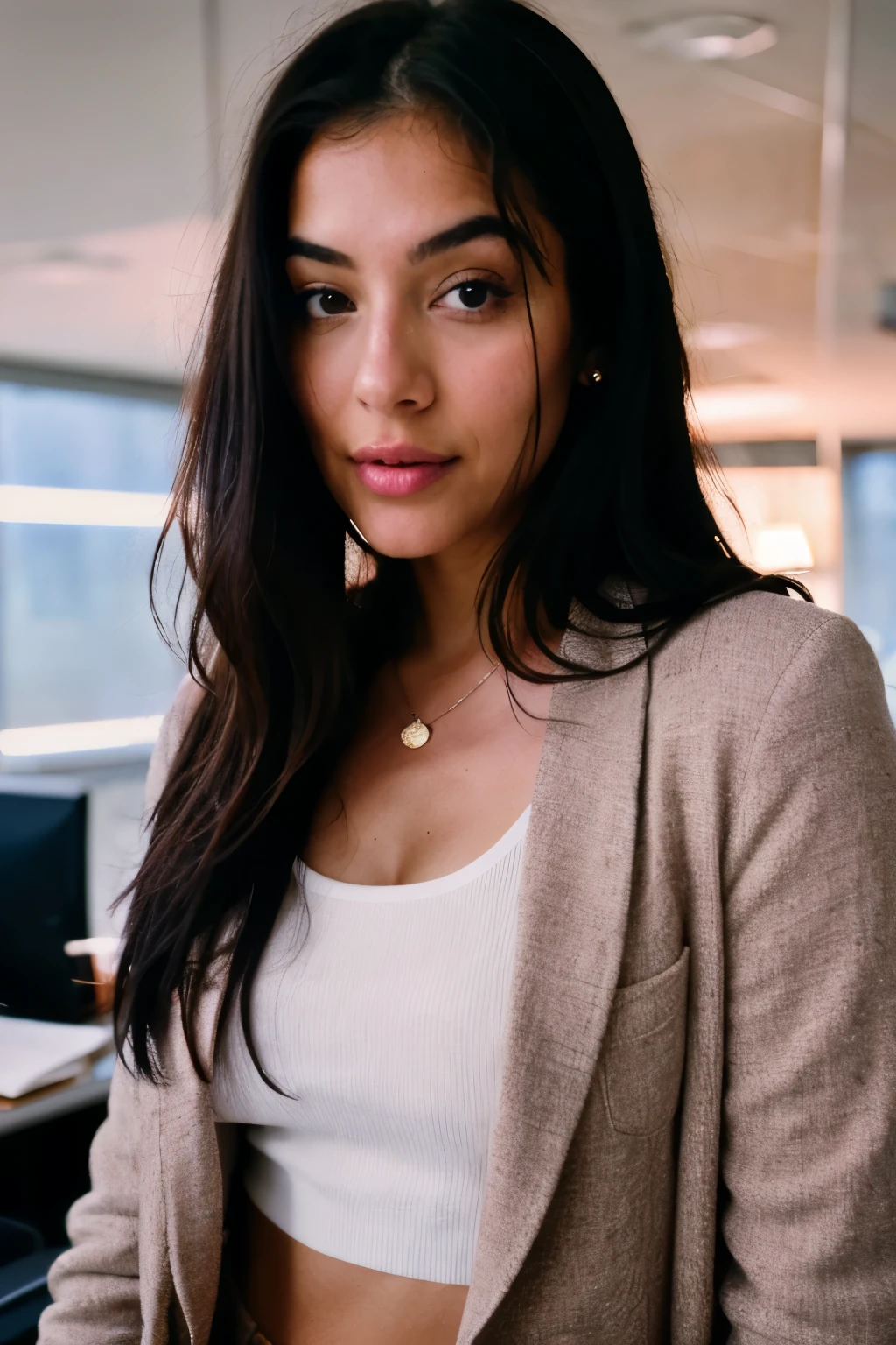 Selfie in the office. Black hair. Pink lipstic. At 25 years old, her natural wavy locks cascade around her, complementing her enchanting brown eyes and flawless figure. The photograph, expertly captured with Canon's 85mm lens and 4K resolution, reveals intricate details without distortion. Kodak color vision enhances the atmospheric depth, while post-processing refines the image for an ultra-realistic allure. Captured in medium format with a focus on atmospheric foreground and subdued lighting, the result is a high-quality photographic masterpiece. Boasting maximum detail and a film grain effect, it offers an immersive 8K UHD experience.