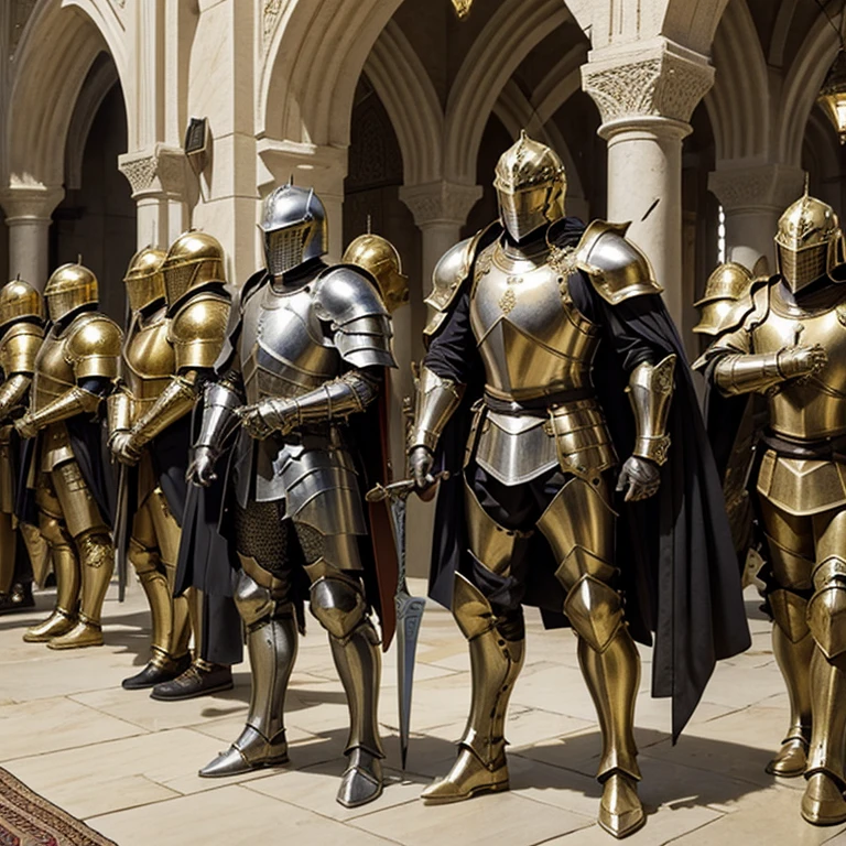 Group of Modern Heavily armored knights, masterpiece, medieval, detailed armor, fantastic armor, golden armor, in a mosque, amazing and unique sword in his hand, full body, angels in background, 