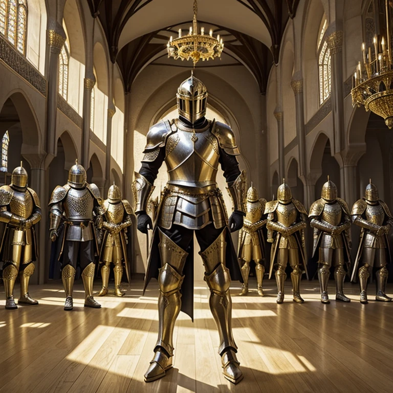 Group of Modern Heavily armored knights, masterpiece, medieval, detailed armor, fantastic armor, golden armor, in a mosque, amazing and unique sword in his hand, full body, angels in background,