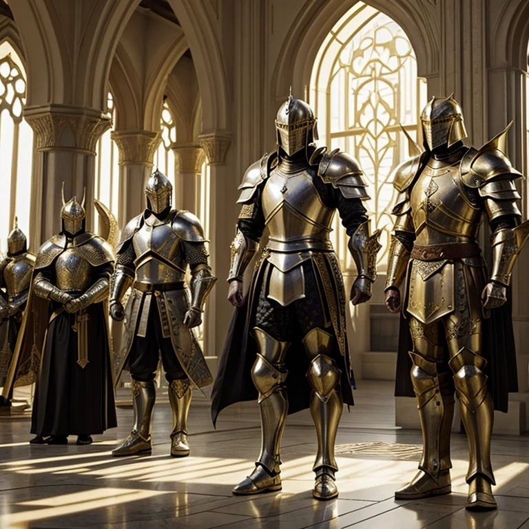 Group of Modern Heavily armored knights, masterpiece, medieval, detailed armor, fantastic armor, golden armor, in a mosque, amazing and unique sword in his hand, full body, angels in background,