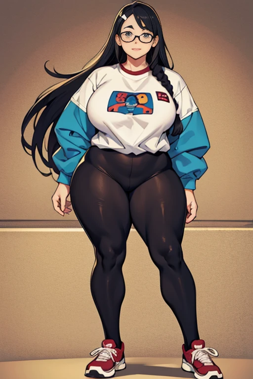 1 nerdy girl, Huge , Otaku clothing, wearing glasses, short clothes, high school clothes, freckles, Thick tights, very long hair