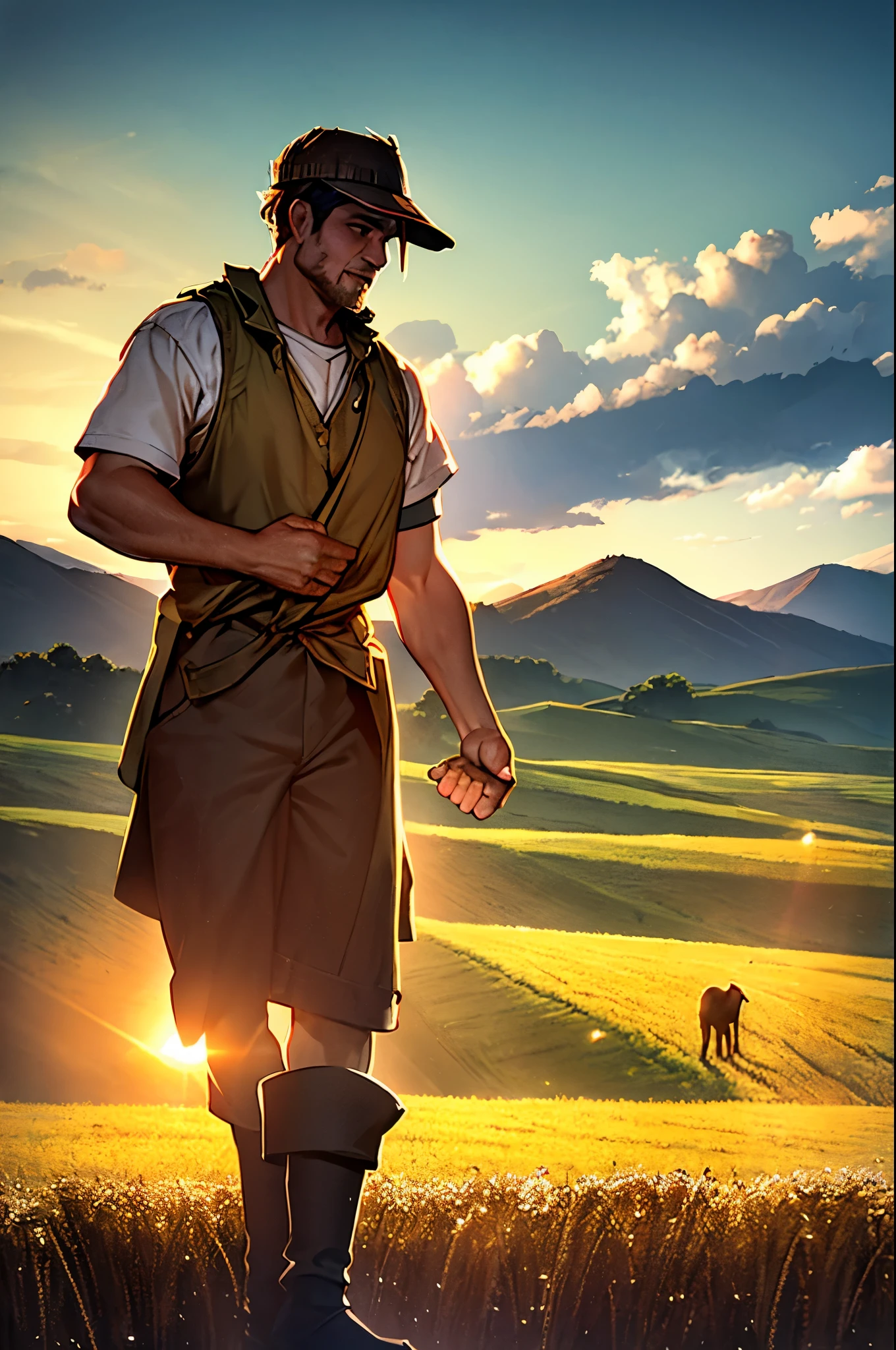 In the countryside, there's James, a dedicated farmer. Every morning, he tends to his crops, guided by the rising sun. With weathered hands and a faithful dog by his side, he nurtures the land he loves. Through every season, he works tirelessly, finding solace in the rhythm of growth and harvest. Despite challenges, James remains resilient, his connection to the earth unbreakable. And as the fields flourish under his care, he knows he's living his purpose—a humble farmer, embracing the beauty of nature's bounty.
