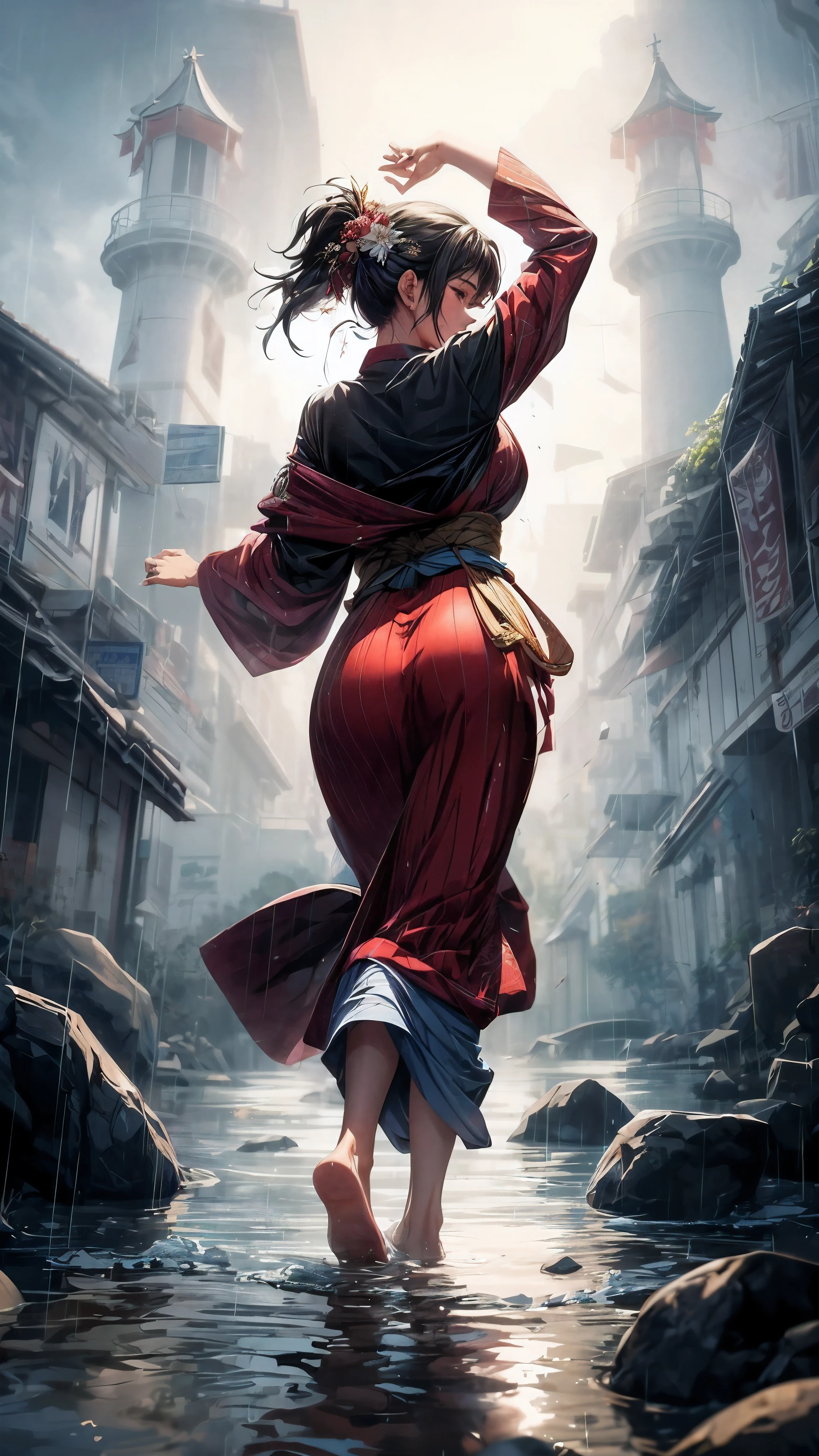 arafed woman in a red kimono walking through a river, ross tran 8 k, graphic artist magali villeneuve, ross tran and wlop, ross tran style, artgerm craig mullins, by Marek Okon, ross tran. scenic background, artwork in the style of guweiz, artgerm and atey ghailan
