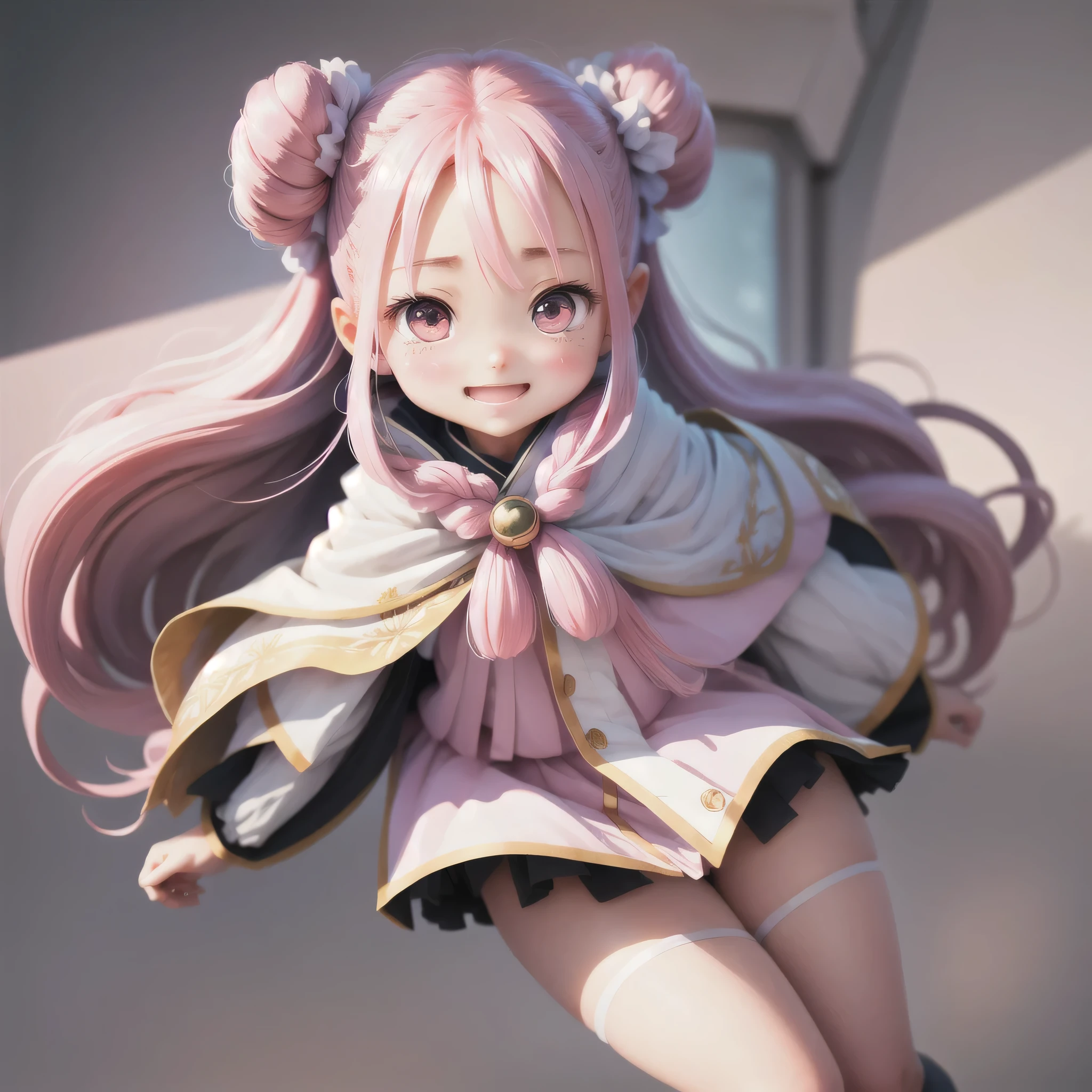 Chibi,cute,white background,simple background,1 girl, alone, blush, smile, Open_mouth, have,uniform, full_body, pink_long hair, Chibi, blush_sticker, Eye patch,(((Background fairy tale))),masterpiece, highest quality, High resolution, {detailed and beautiful eyes}, finely, detailed and beautiful eyes,1 girl, (alone:1.5), (hair ribbon:0.4), Pink Eyes,cinematic angle,perspective,White bun hair,Kunimi Tama,HEAVEN BURNS RED,