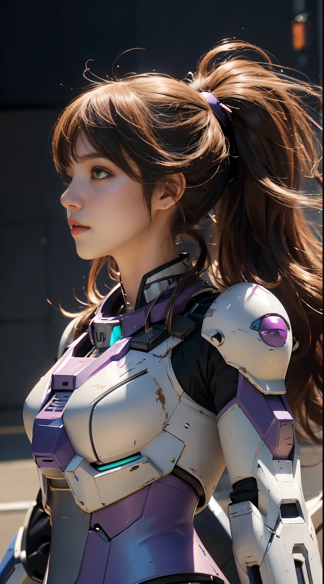 RAW, Masterpiece, Ultra Fine Photo,, Best Quality, Ultra High Resolution, Photorealistic, Sunlight, Full Body Portrait, Stunningly Beautiful,, Dynamic Poses, Delicate Face, Vibrant Eyes, (Side View) a close up of a woman in a pink and white gundam custume, dybamic pose, long brown very very long hair rapunzel, girl in mecha cyber armor, portrait armored astronaut girl, d. va from overwatch, female mecha, on a gundam, gundam head, chiho aoshima color scheme, mobile suit, streamlined purple armor, fully robotic!! girl, realistic cosplay, gundam armor (dynamic pose) (best cameraview), full body