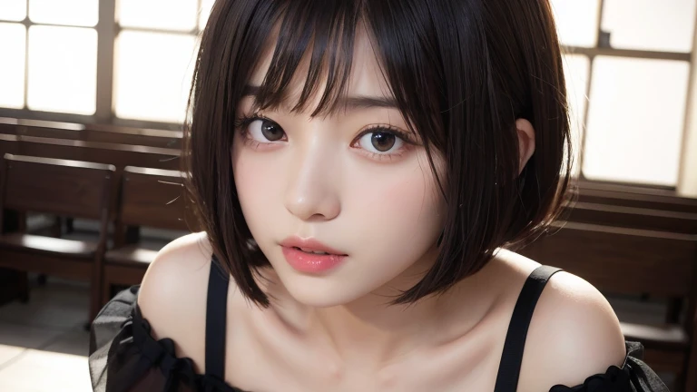 masterpiece, Best Quality, 8K, 20yo student, Raw photo, Idol face, Delicate girl, Upper body, Digital SLR, Looking at Viewer, Candid, Sophisticated, Thin arms, Professional Lighting, Film grain, chromatic abberation, (Eyes and faces with detailed:1.0), (Bokeh:1.1) , Distant viewpoint , Perspective from above , closes mouth , A dark-haired , dishevled hair , she is waring almost nothing.