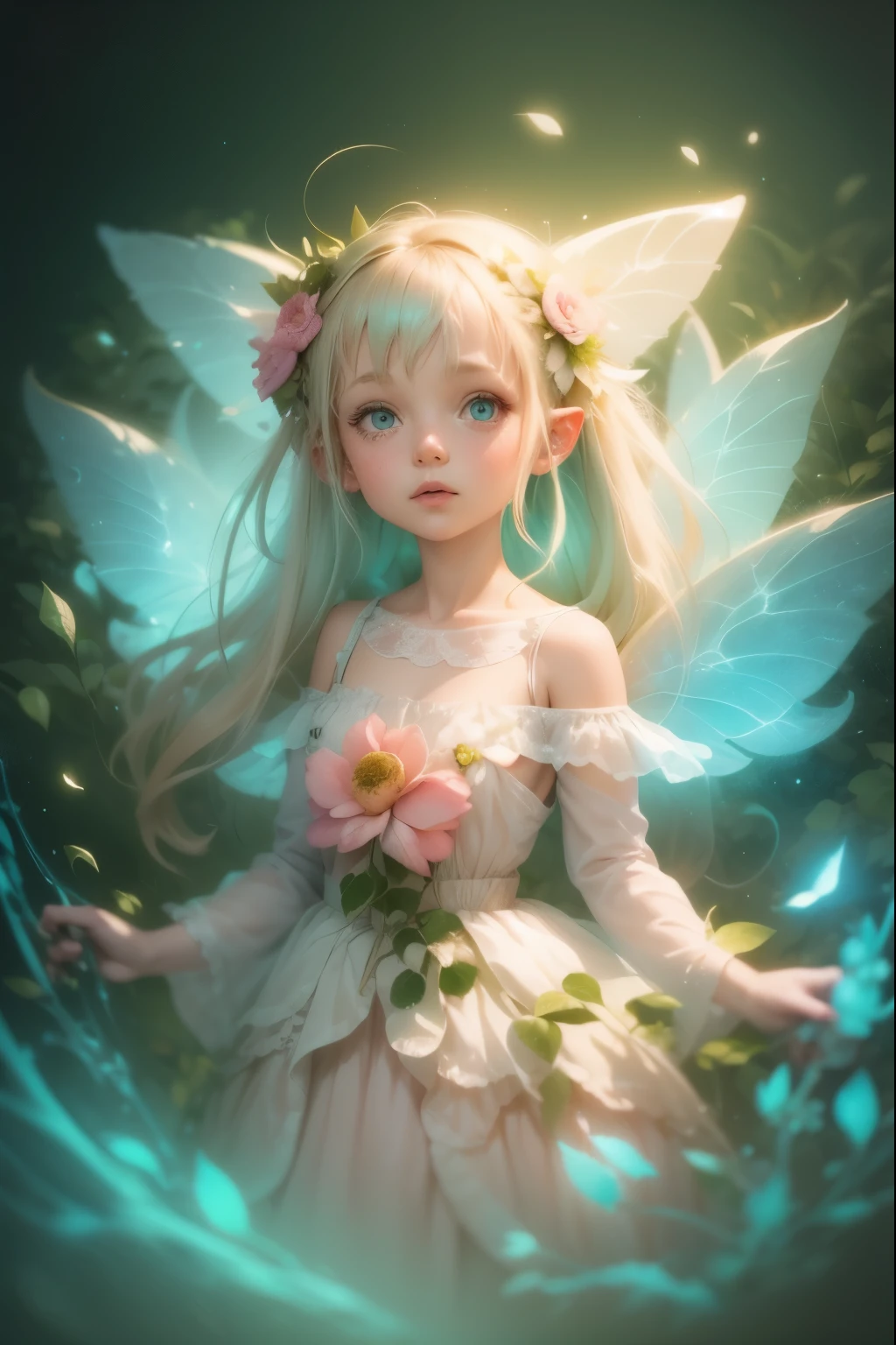 Shabby chic dreamy glows pastel woodland freckled fairy girl swirling magical fairytale abstract artstation style