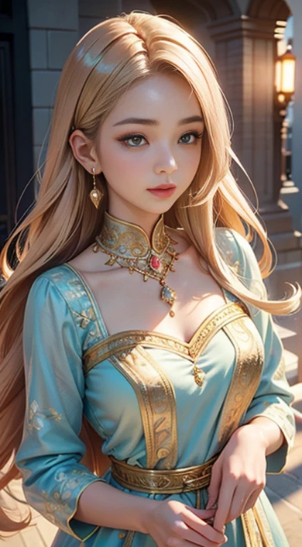 Portrait photo, 1 beautiful Asian girl, pink shirt, intricately embroidered shirt, sky blue dress, pure dress color, long hair, wearing jewelry, natural makeup, wearing modern jewelry, makeup gold and gem jewelry, extremely detailed eyes and face, lovely smile, delicate blush, sensuous lips, fragrant lipstick, exuding femininity, perfect skin, flawless skin texture perfect, intricate facial details, shiny metallic skin, feminine presence; blurred city backdrop, soft lighting, vivid colors, soft sunlight, subtle sunlight, wind blowing through hair, dreamy, luxurious atmosphere, perfect lighting. Super high quality, surreal, 8K, high resolution, masterpiece, detailed, extremely magical, professional cinematic lighting, black and golden beam, vibrant colors; fine brushstrokes,ethereal vibe,mesmerizing gaze,dreamy atmosphere,blending elegance,golden hour lighting,subtle color gradients,detailed floral patterns,understated beauty.