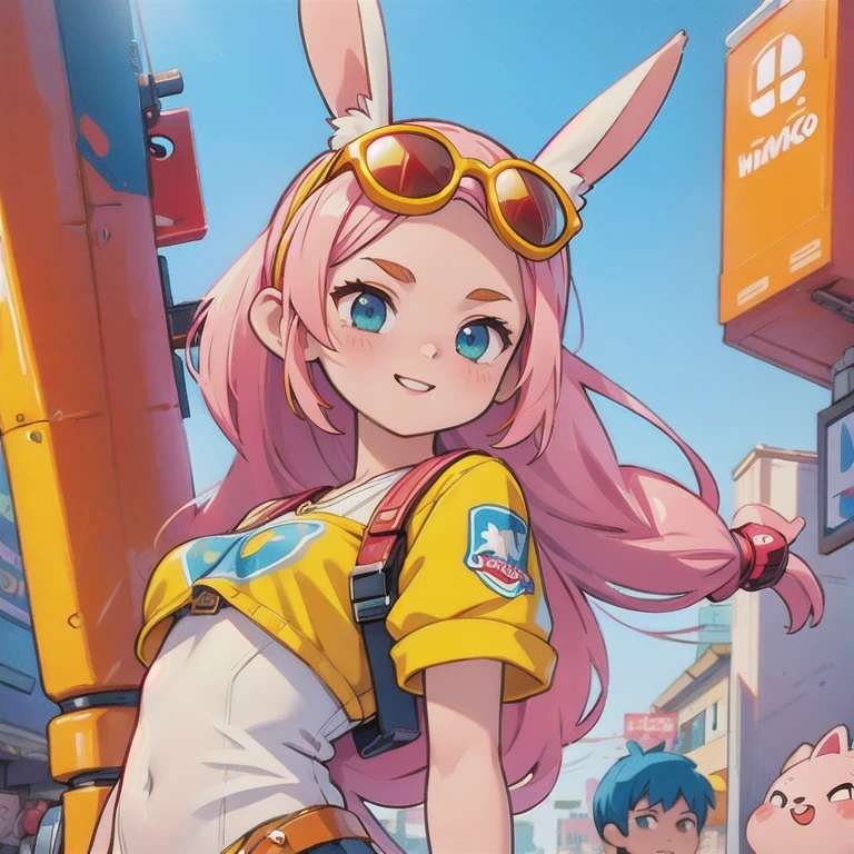 (masterpiece, best quality:1.2), 1girl, ((masterpiece, highest quality, Highest image quality, High resolution, photorealistic, Raw photo, 8K)), Retro Game, Nintendo, SEGA, Namco, Cyberpunk 1:25 miniatures,illustration,Side viewing angle,((Side viewing angle)),Wear gold wire-rimmed reflective sunglasses,Carry future weapons,very happy,Side viewing angle,whole body,three-dimensional,octane rendering,Perfect face,Collagen texture((flowing hair))((Gradient long fur rabbit ears))