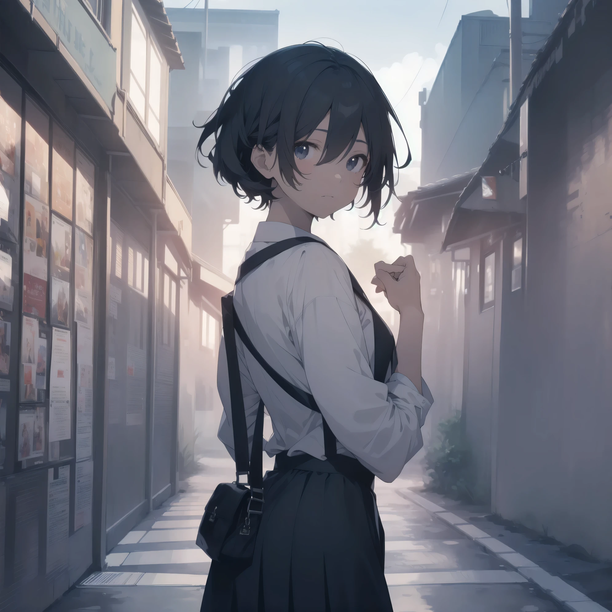 ultra-absurdres-Top quality by artist God, ultra-detailed, high resolution, anime moe artstyle, best anime 8k konachan wallpaper, pixiv contest winner, pool:2810, perfect anatomy,break, 1girl, (Please draw a girl walking sleepily to school alone. )break,(Solo,little female, 13-year-old:1.3),Full limbs, complete fingers,a junior high school student, (very short hair), short cut, flat chest, , small butt, small black eyes, beautiful detailed eyes, well-proportioned iris and pupils, expressive eyes, highres detailed hair, soft expression, school_uniform, official_alternate_costume, pleated skirt,(Detailed Lighting), (Detailed background), in the School commute route. break,super detailed skin, Best cinematic lighting powered by famous artist, 8k,beauty illustration,photoshop_(medium),very aesthetic,break,((artist:tani_takeshi )), artist:akinashi yuu ,artist:oyari ashito ,artist:kantoku ,