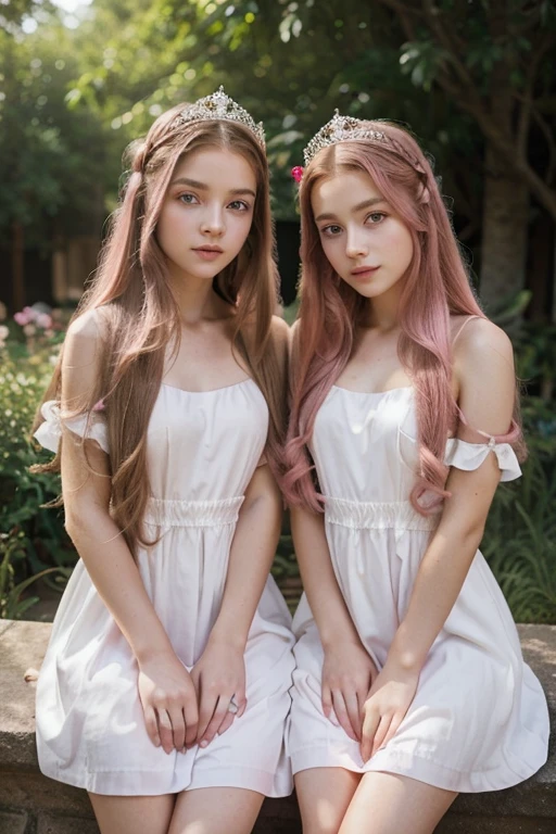 A beautiful and wise twin young princesses have pink long hair, fair skin and pink eyes with their beautiful white dress