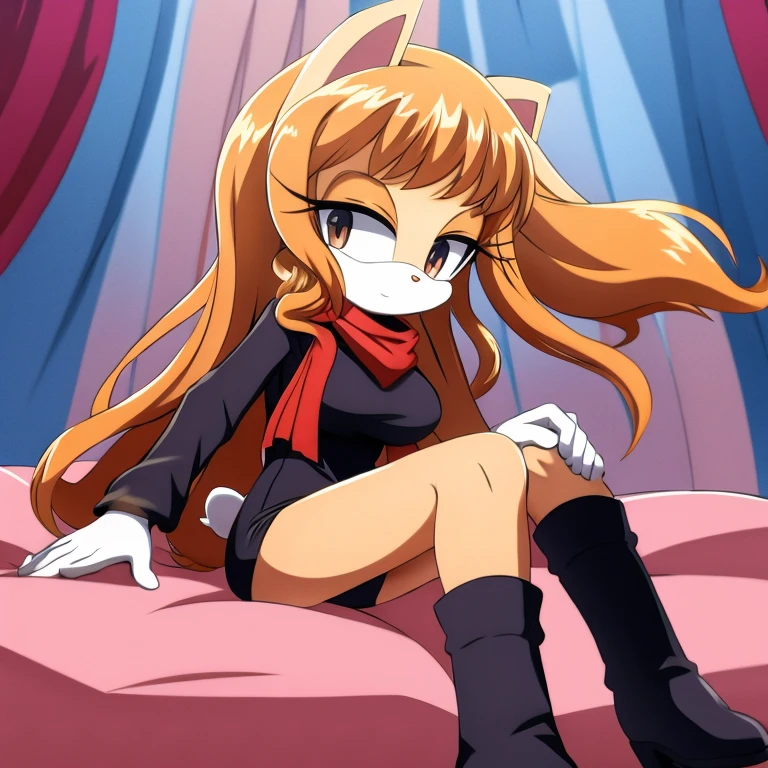 Female, Mobian, Rabbit, Cream the Rabbit, sonic the hedgehog \(series\), rabbit girl, ((solo)), ((1girl)), ((hairstyles, long wavy hair with curtain side bangs, similar to Maria)), brown eyes, (eyes open), serious, young adult, average sized breasts, hair on top of shoulders, long peach hair color that’s is wavy, wearing a blue anime styled scarf, wearing a red one piece, knee length tights, black boots, white gloves, (((2D Anime Style))), many side view poses