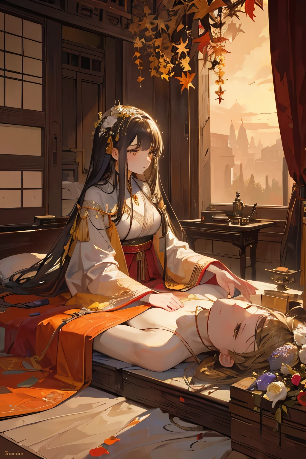 1girl, a girl lying at rest with burial goods, (close-up: 1.2), intricate detail, ancient artifacts, antique pottery, jade ornaments, golden accessories, silk clothing, intricately woven textiles, wooden casket, fresh flowers, fragrant incense, peaceful surroundings, serene expression on face, best quality, masterpiece, autumn leaves falling softly, sun setting over the horizon, solemn atmosphere, sepia tones, high contrast, moody lighting, timeless beauty, poignant moment, sensitive details, realistic textures, respectful tribute.