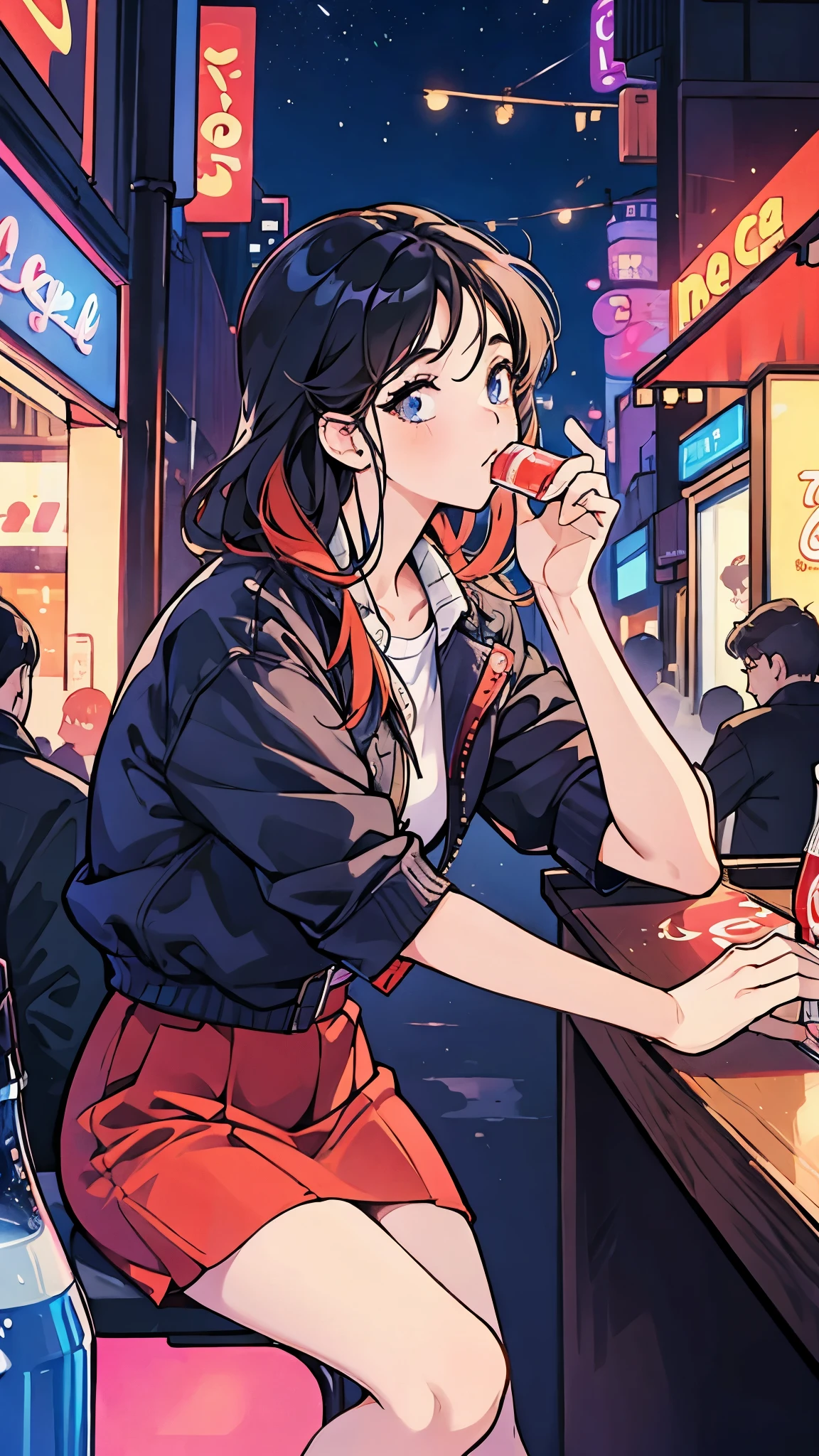 a girl looking at iPhone, waiting for the reply from a guy who she is interested in, city pop, nostalgic, night, sexy, drinking cocktail, coca cola