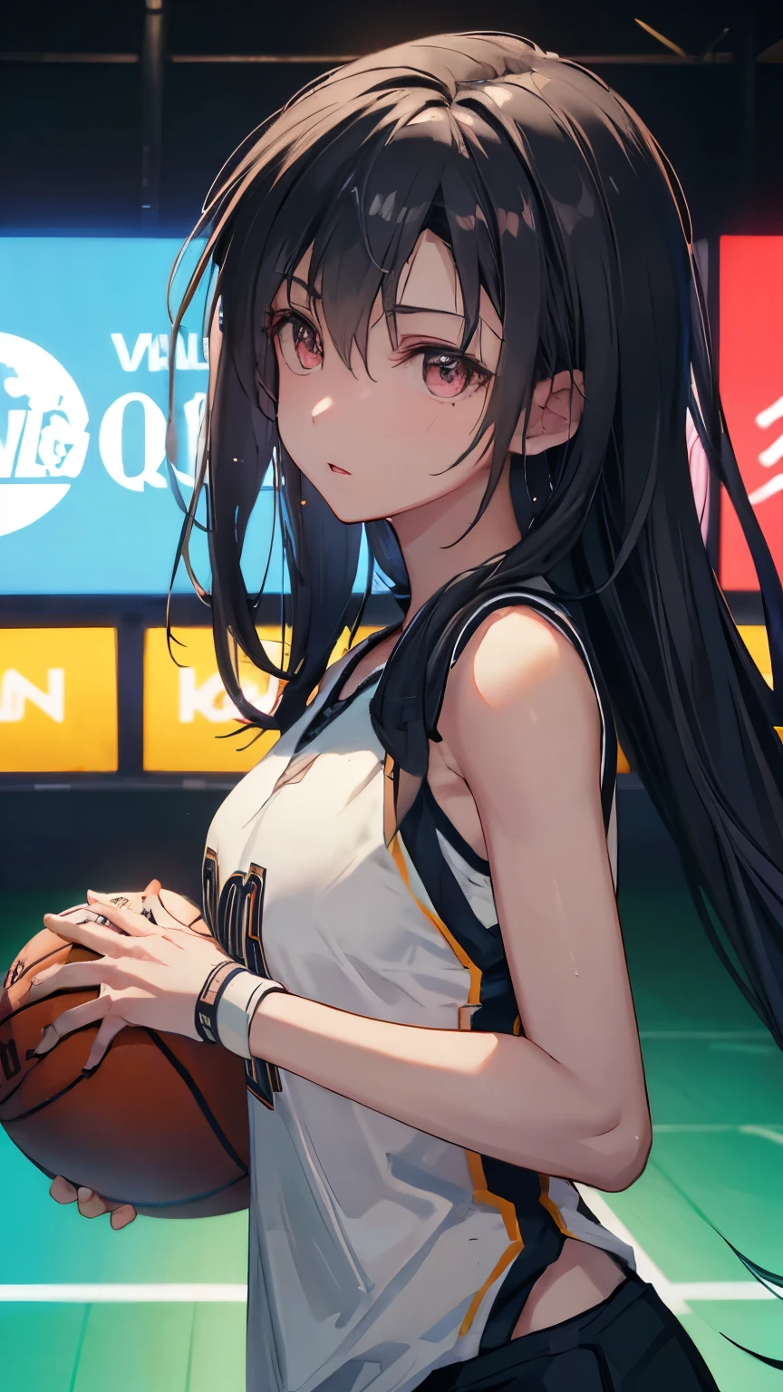 (((Best quality, 8k, Masterpiece: 1.3)), ((best quality)), ((masterpiece)), (detailed), perfect face, (female professional basketball player), (dribbling in a basketball game), shiny sweat, (black hair,) Serious eyes concentrating on the game, Shows the whole body