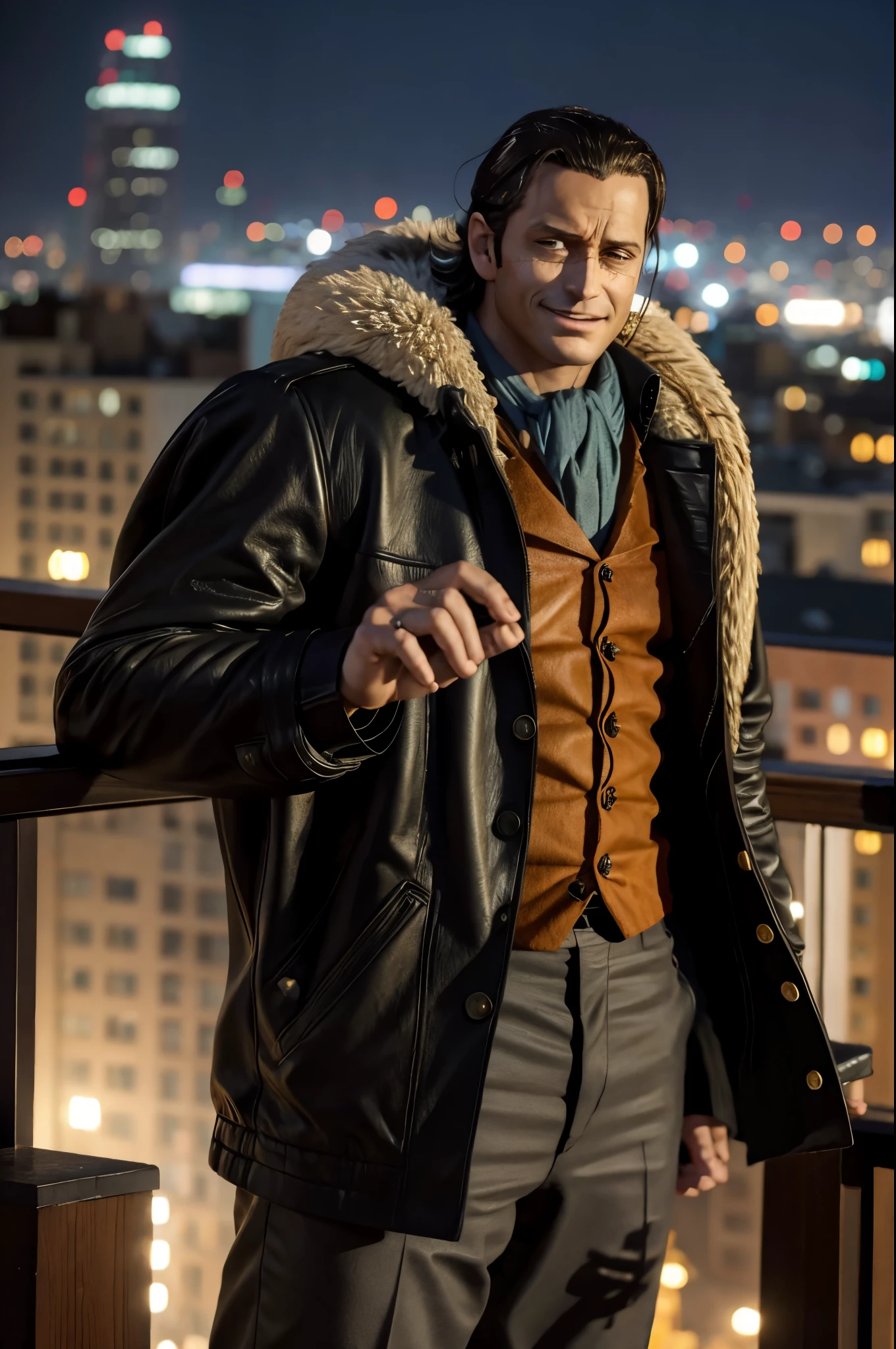 masterpiece, best quality, extremely detailed, hyperrealistic, photorealistic, a cool 40s man, ultra detailed face:1.2, fur-trimmed coat, scarf around the neck, his left hand is a golden pirate hook:1.1, cityscape from rooftop, in the night:1.1, sly smile
