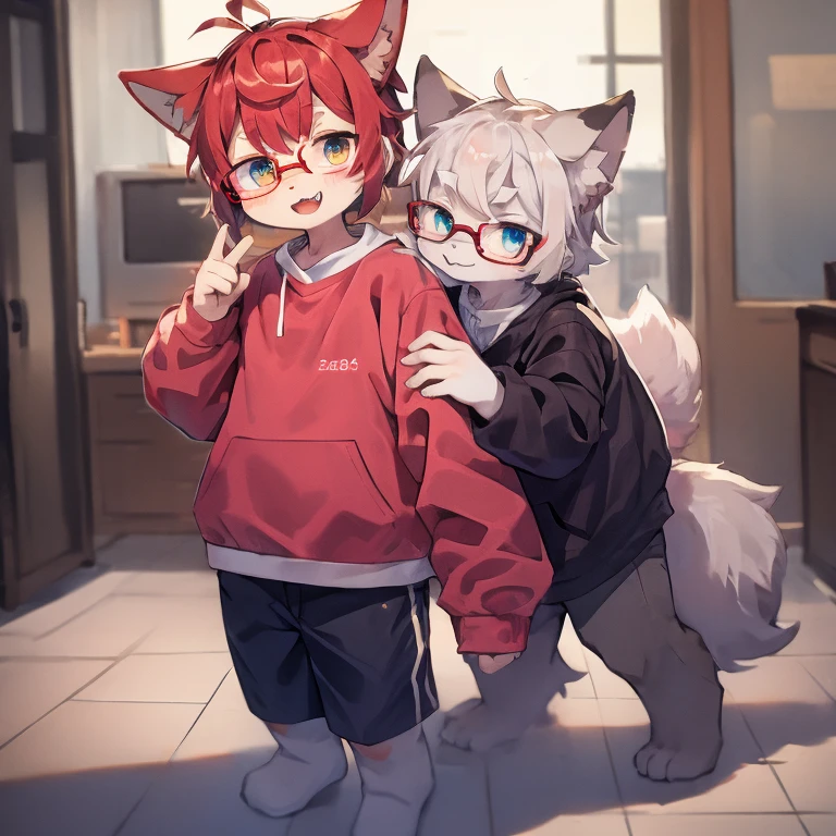 wear glasses,Red hair all over, male wolf,short hair, Bright Eyes,The eyes are gray，With black bow，white belly，The tip of the tail is white，Meatballs Pink,hairy,hairy male ,male focus,Hana Charcoal,(Full body fur, hairy尾巴, red fur,),long canine teeth