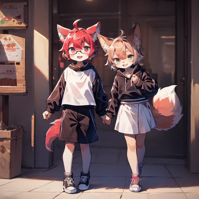 wear glasses,Red hair all over, male wolf,short hair, Bright Eyes,The eyes are gray，With black bow，white belly，The tip of the tail is white，Meatballs Pink,hairy,hairy male ,male focus,Hana Charcoal,(Full body fur, hairy尾巴, red fur,),long canine teeth