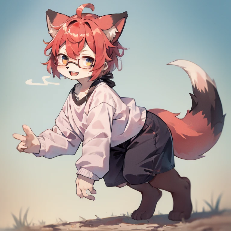 wear glasses,Red hair all over, male wolf,short hair, Bright Eyes,The eyes are gray，With black bow，white belly，The tip of the tail is white，Meatballs Pink,hairy,hairy male ,male focus,Hana Charcoal,(Full body fur, hairy尾巴, red fur,),long canine teeth