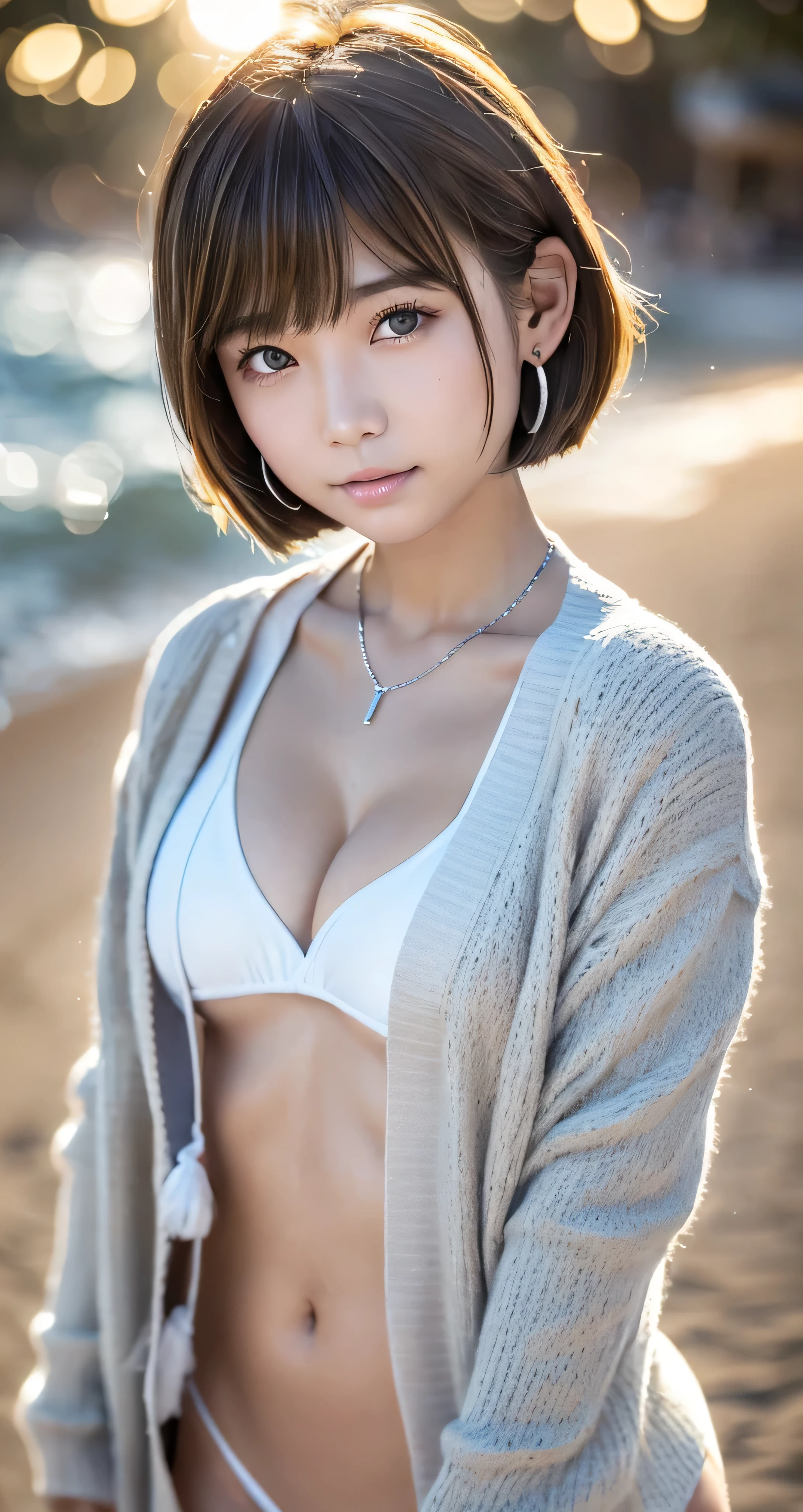 ((Fair skin、swimsuit、No makeup、E cup breasts、silver necklace、small earrings、close your mouth:1.2))、(realistic、Photoreal、super detailed、best detailed skins、highest quality、masterpiece、超A high resolution)、cute russian woman、、high school girl、young girl、1 girl、have bangs、Ash Brown:1.7、double eyelid、drooling eyes、Japanese style face、purity、double teeth、realistic skin type、(I cut my hair short、Shaggy cut cardigan that bounces outwards:1.2).fluffy hair、red cheeks、Lighting from behind、I went to the beach in the middle of winter lol Waikiki Beach in Hawaii、In front of the hotel、In a gingham checked bikini、With a shy smile、((white skin、Lens flare:1.3))、Because I come from a snowy country、It's so hot www?It's time to take it off?((put hair behind one ear、Camera angle is diagonal:1.4))、((A small braided front))、sit、show your stomach、
