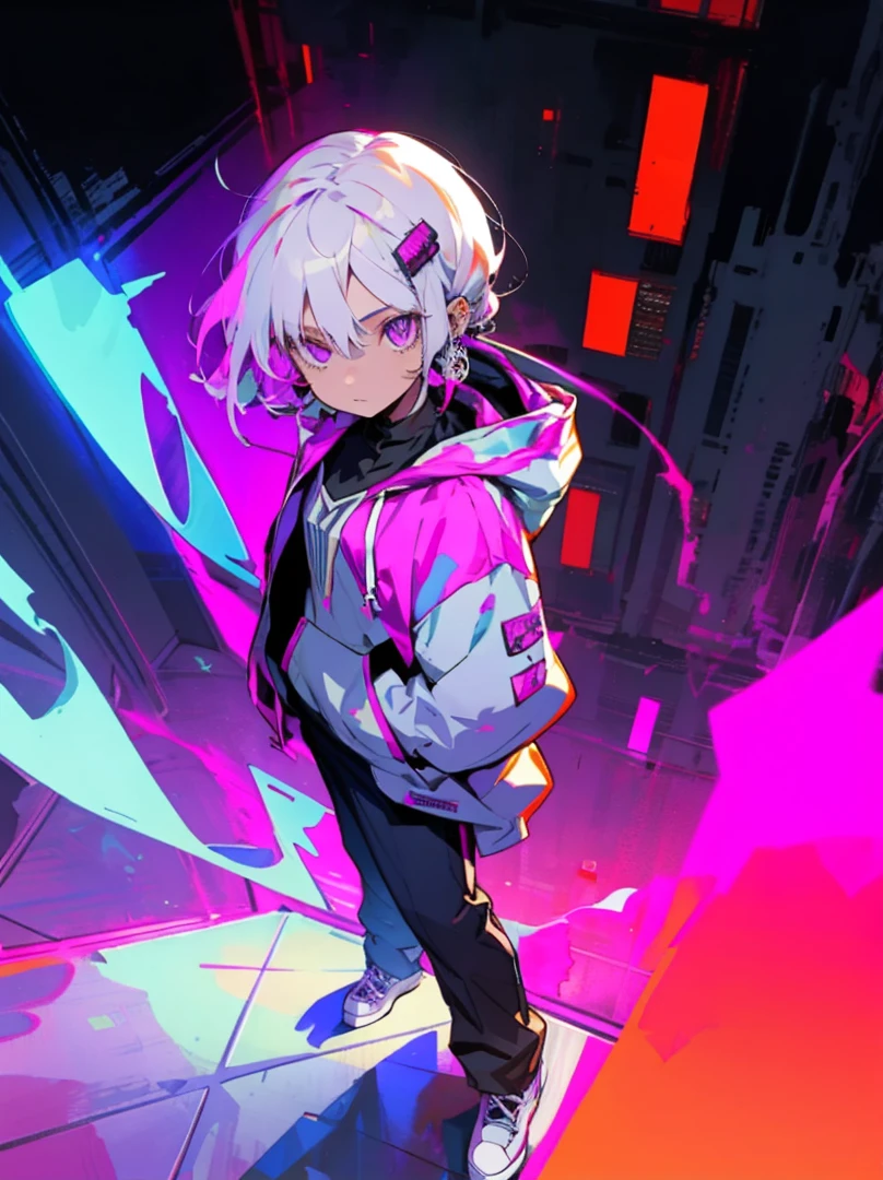 A boy wearing a cyberpunk hoodie and pants, high angle view, detailed eyes, detailed face, detailed body, purple eyes, white haired,  standing atop a skyscraper