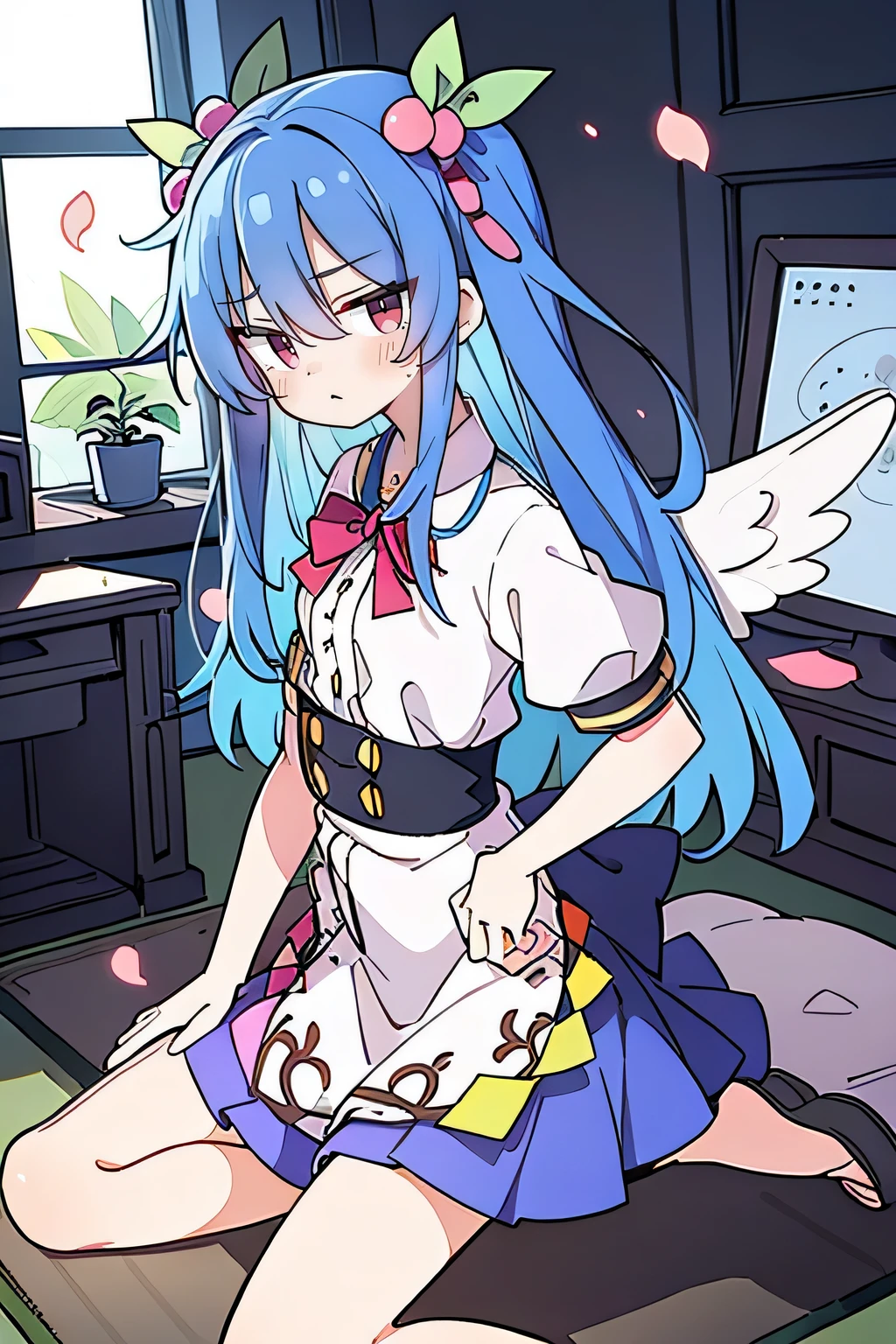 (masterpiece),best quality, expressive eyes, perfect face, 1girl,
Put your hands on your waist,fair, Gorgeous,Japanese cartoons,girl,lola,Hina Angel, blue hair, blue haired, floating clothes,Grab your waist, Grab your waist, hands on hips , hands on hips,sit, sit on ground, Legs on the ground, flat chest,Petals fall,